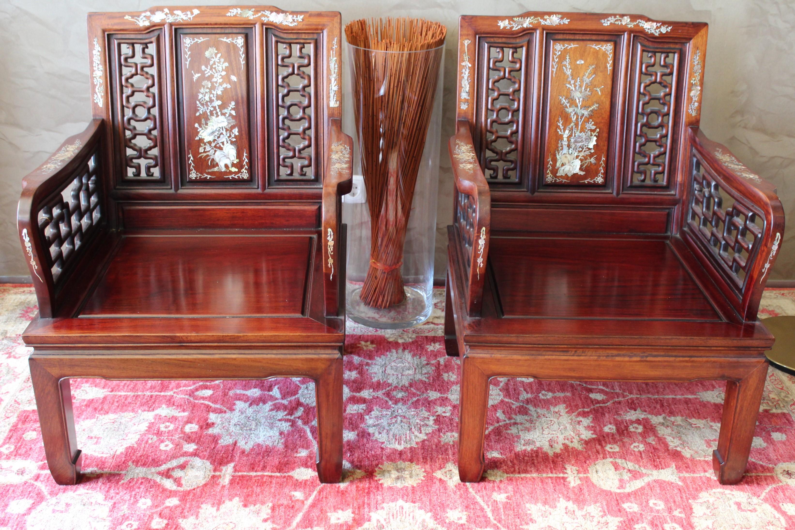 19th Century Indo-Portuguese Rosewood Mother of Pearl Inlay Lounge Chairs, 1890 2