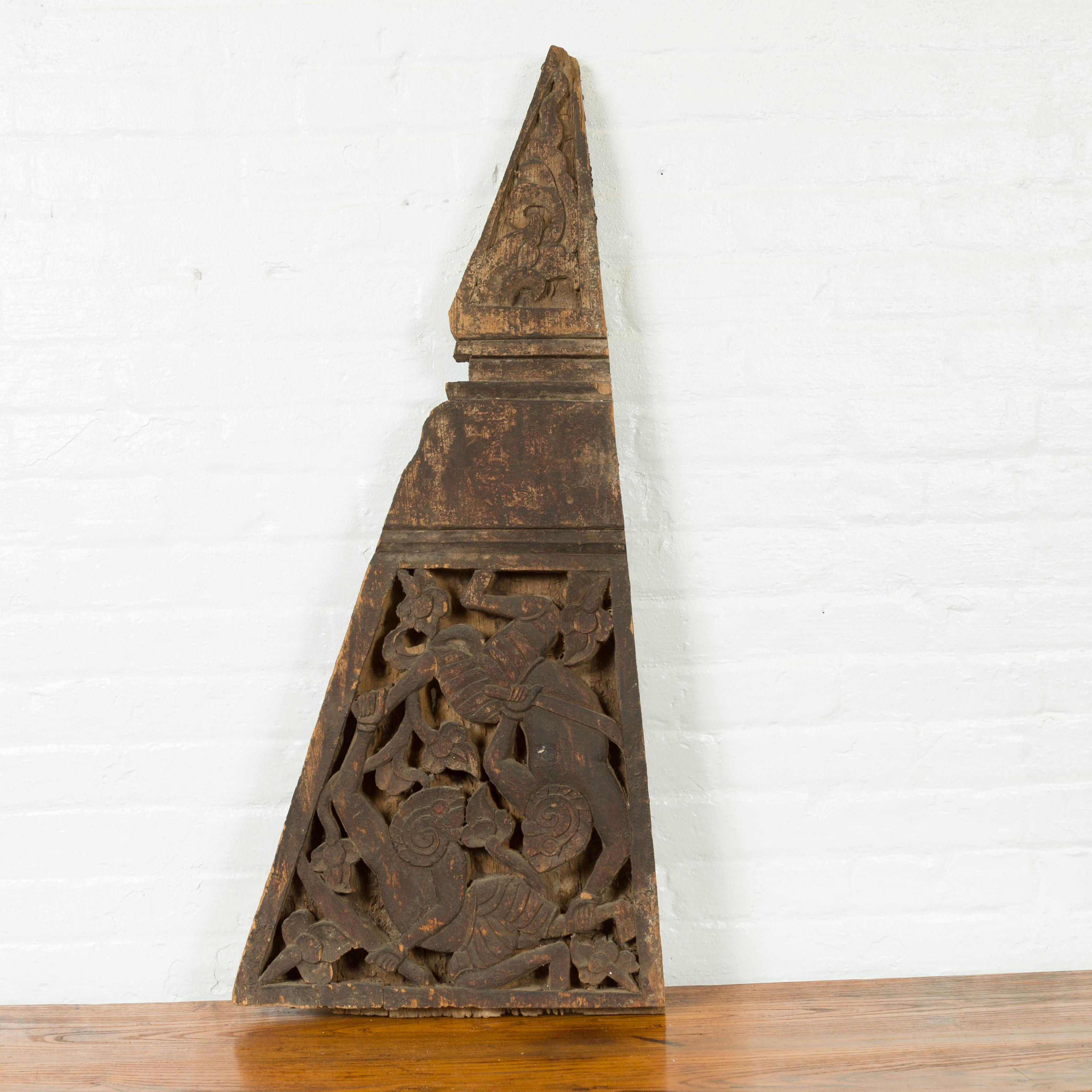 19th Century Indonesian Hand Carved Architectural Fragment with Mythical Figures In Good Condition In Yonkers, NY