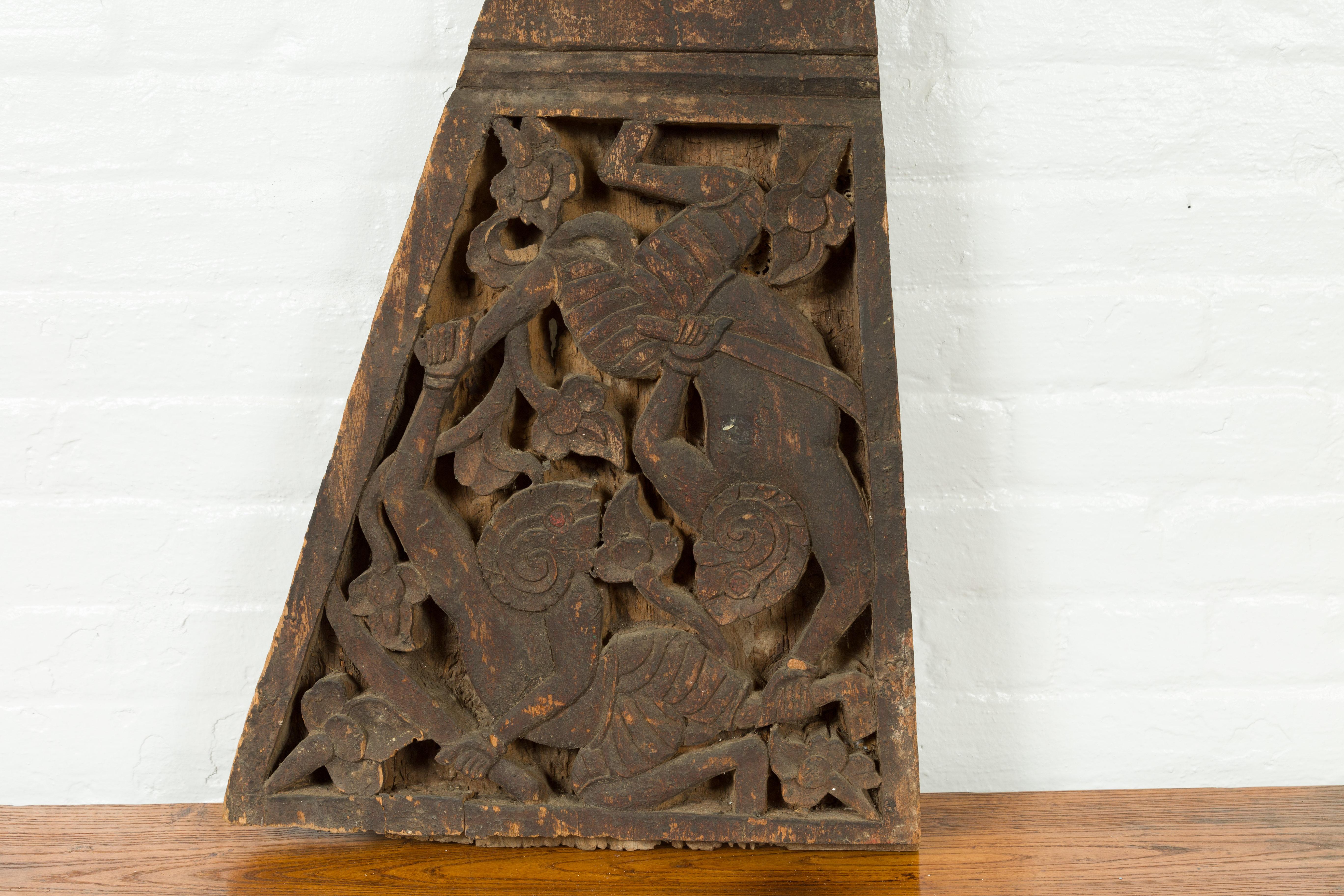 Wood 19th Century Indonesian Hand Carved Architectural Fragment with Mythical Figures