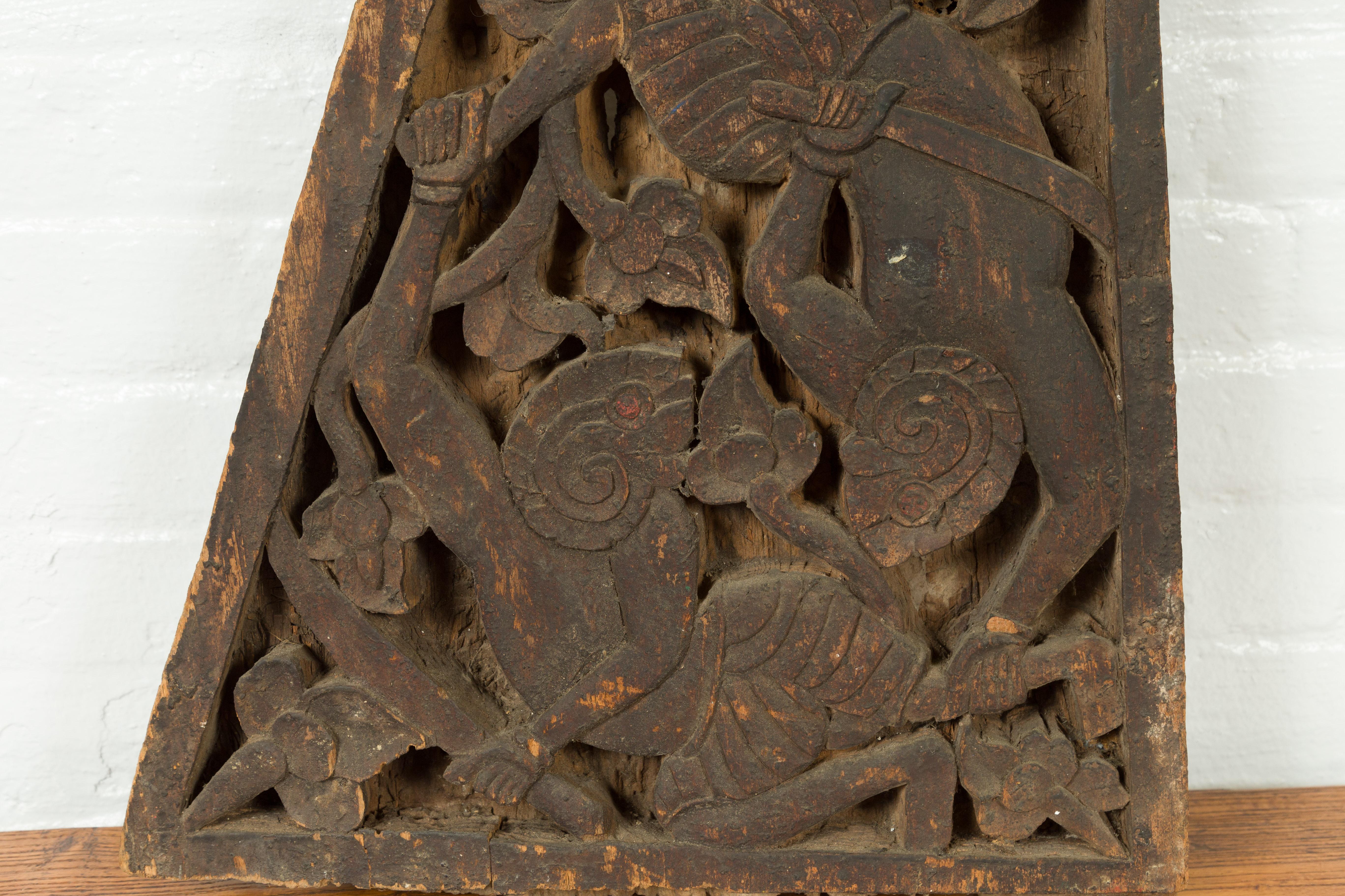 19th Century Indonesian Hand Carved Architectural Fragment with Mythical Figures 1
