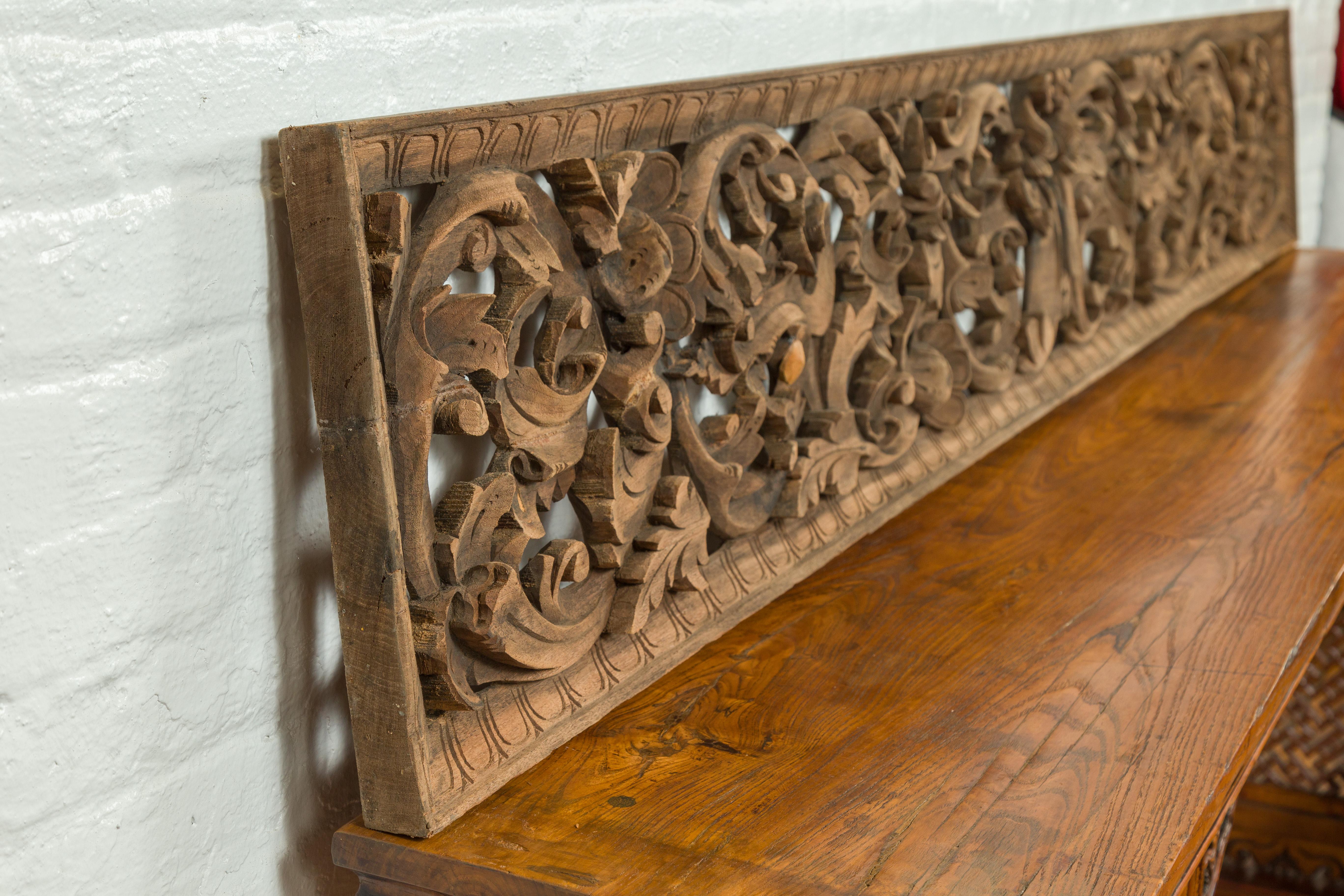 19th Century Indonesian Single Carved Wood Temple Panel with Scrolling Foliage For Sale 6