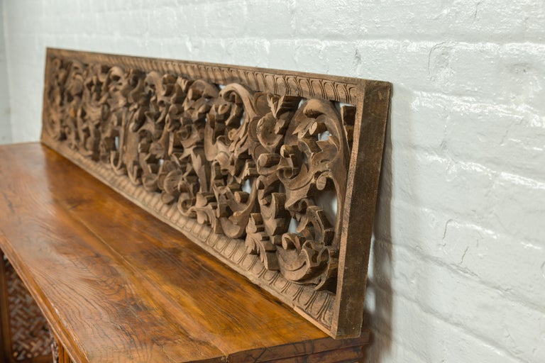 19th Century Indonesian Single Carved Wood Temple Panel with Scrolling Foliage For Sale 9