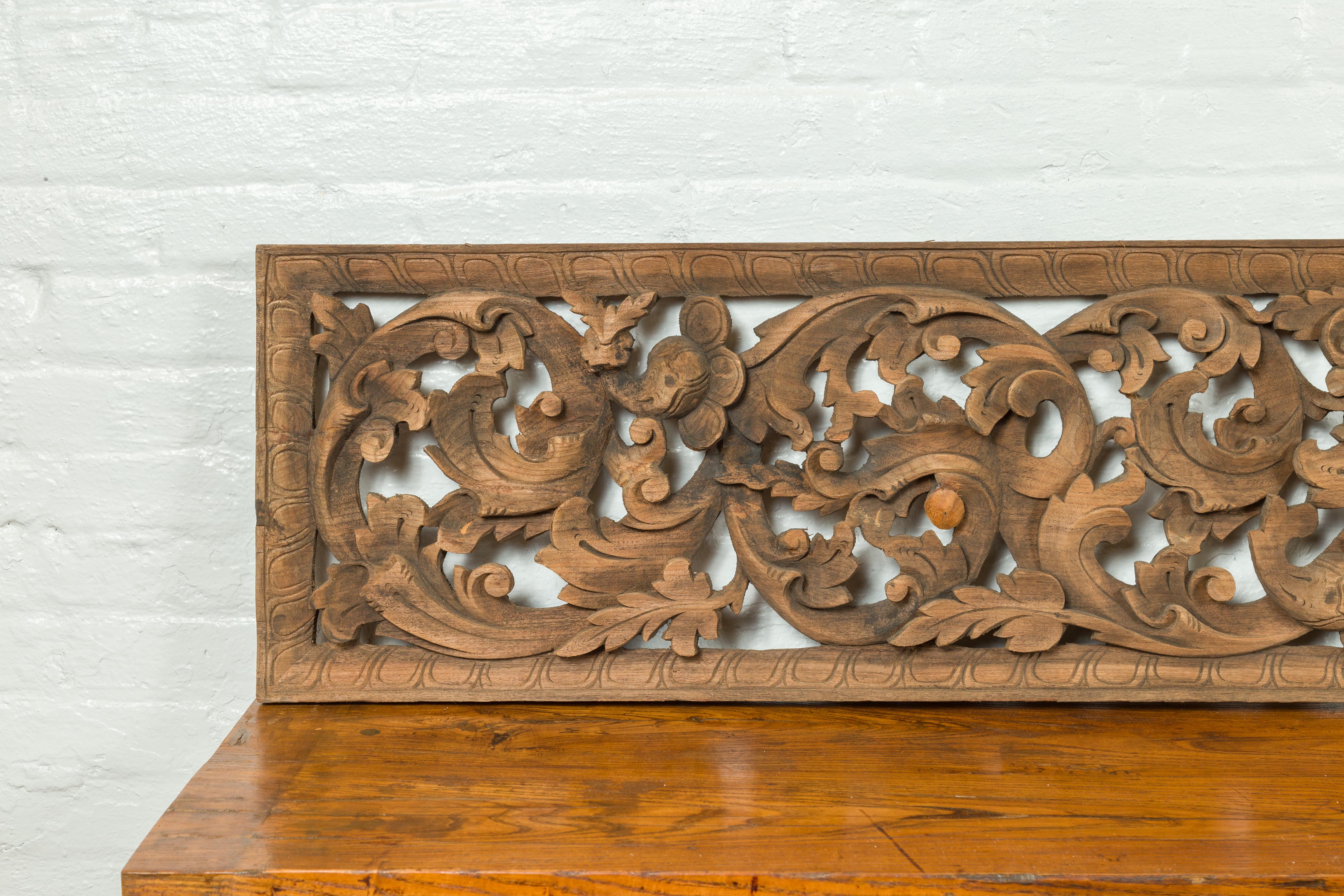 19th Century Indonesian Single Carved Wood Temple Panel with Scrolling Foliage In Good Condition For Sale In Yonkers, NY