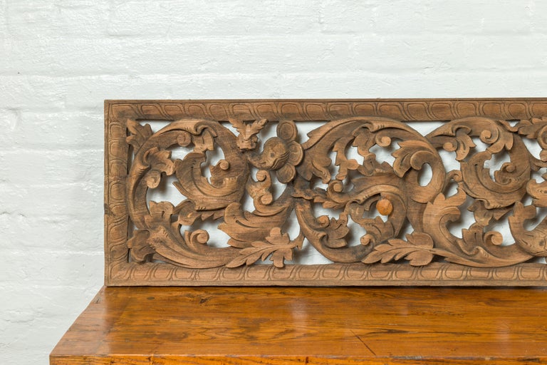 19th Century Indonesian Single Carved Wood Temple Panel with Scrolling Foliage For Sale 2