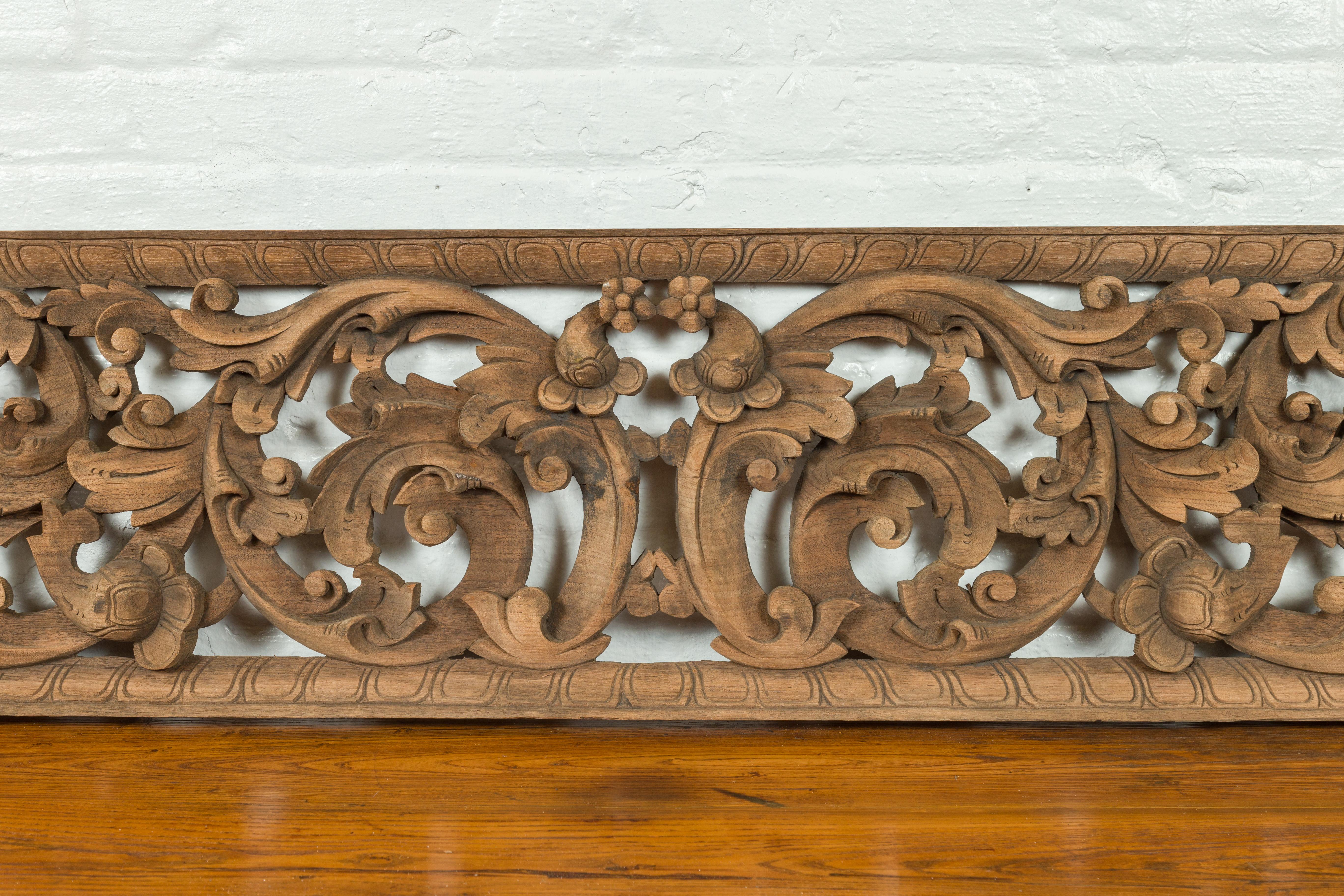 19th Century Indonesian Single Carved Wood Temple Panel with Scrolling Foliage For Sale 1