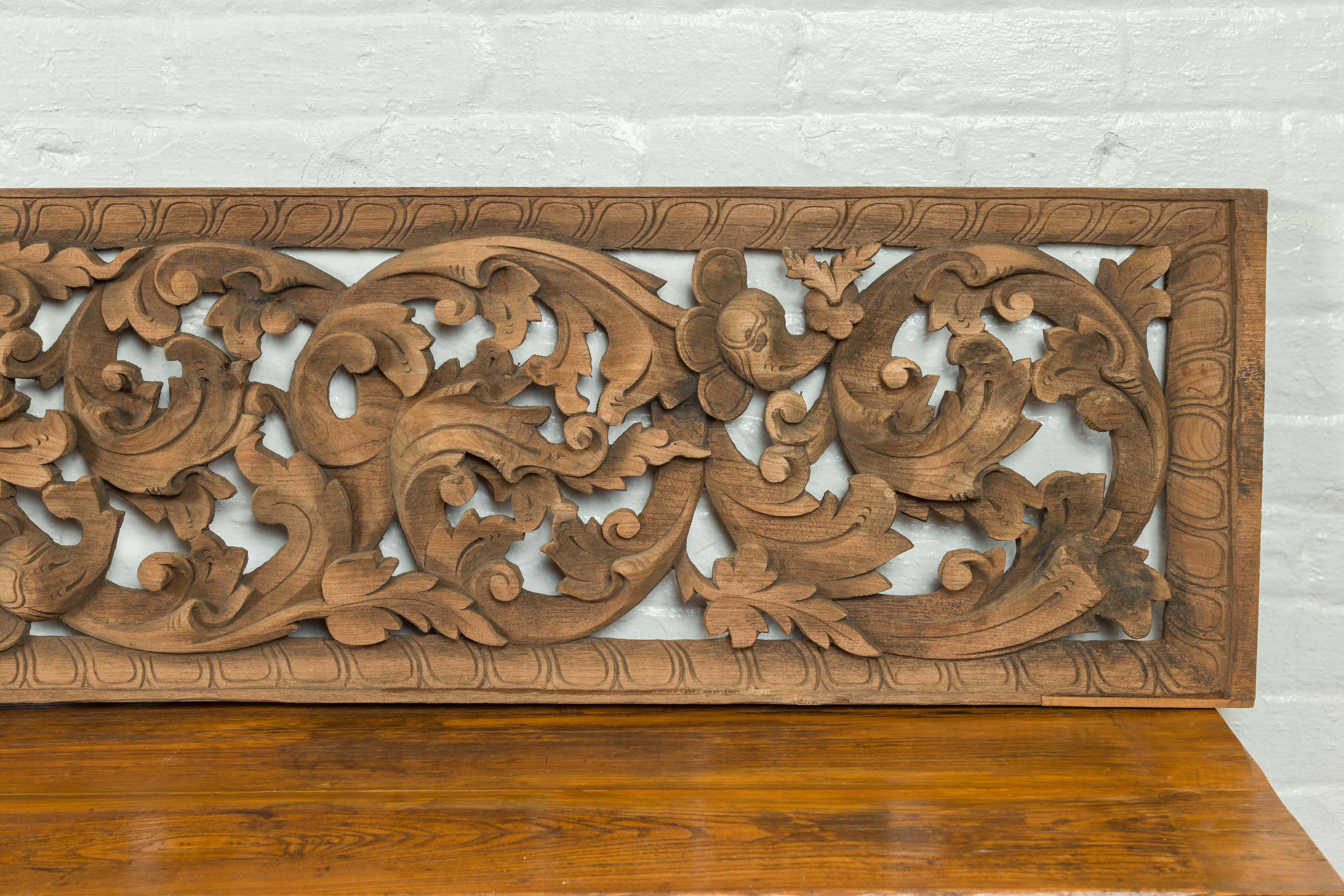 19th Century Indonesian Single Carved Wood Temple Panel with Scrolling Foliage For Sale 2