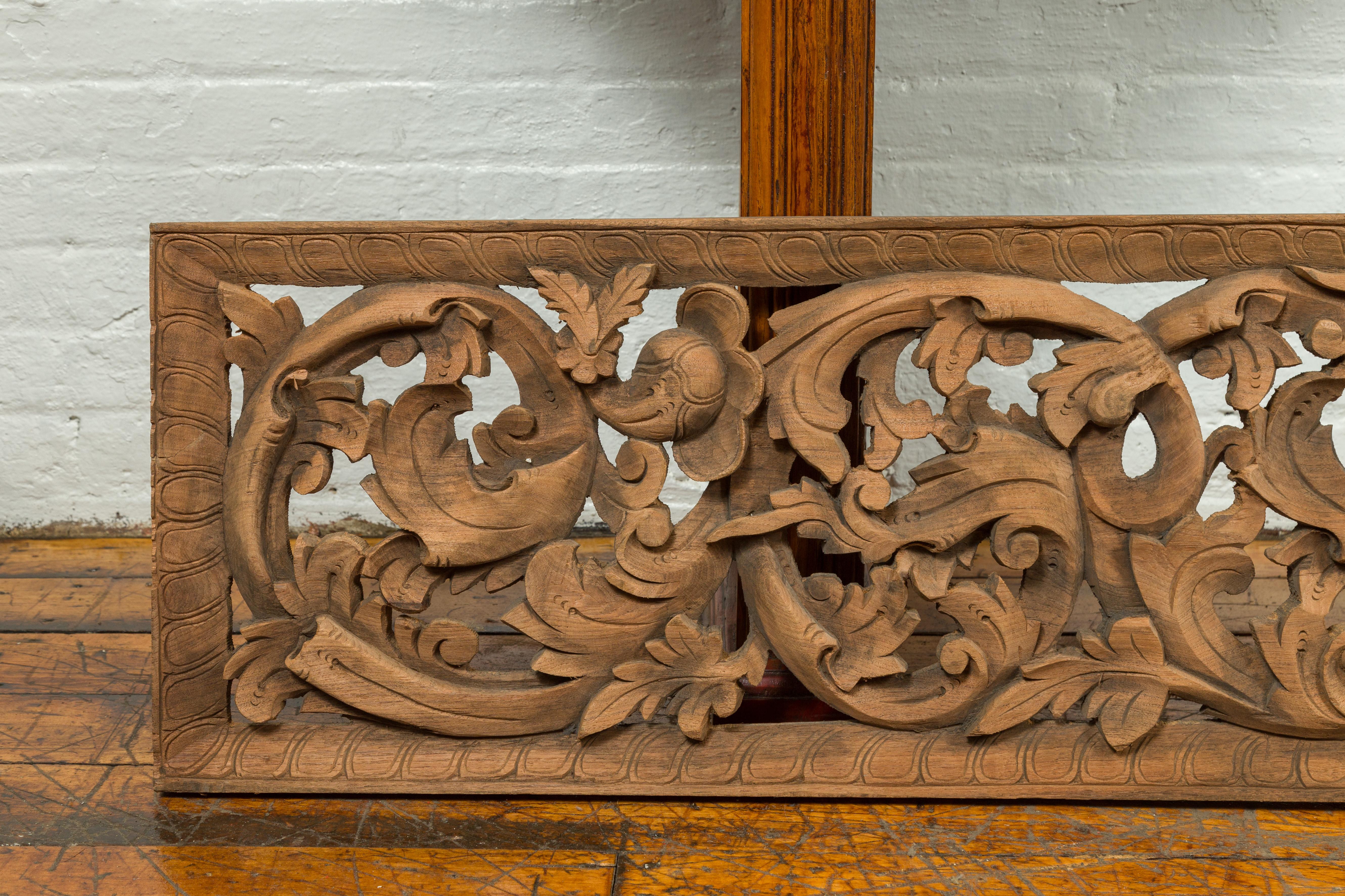19th Century Indonesian Single Carved Wood Temple Panel with Scrolling Foliage For Sale 3