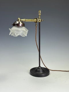 19th Century Industrial Adjustable Desk Lamp with Opaline Ruffle Shade