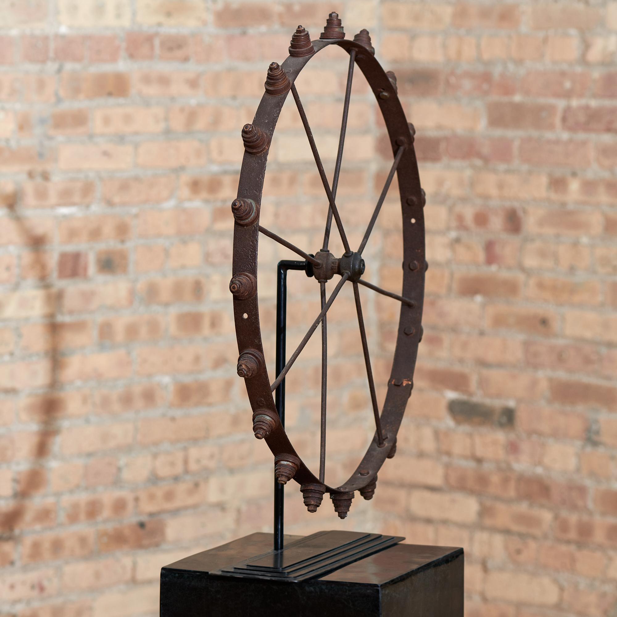 19th Century Industrial Americana Folk Art Iron Wheel on Stand 4