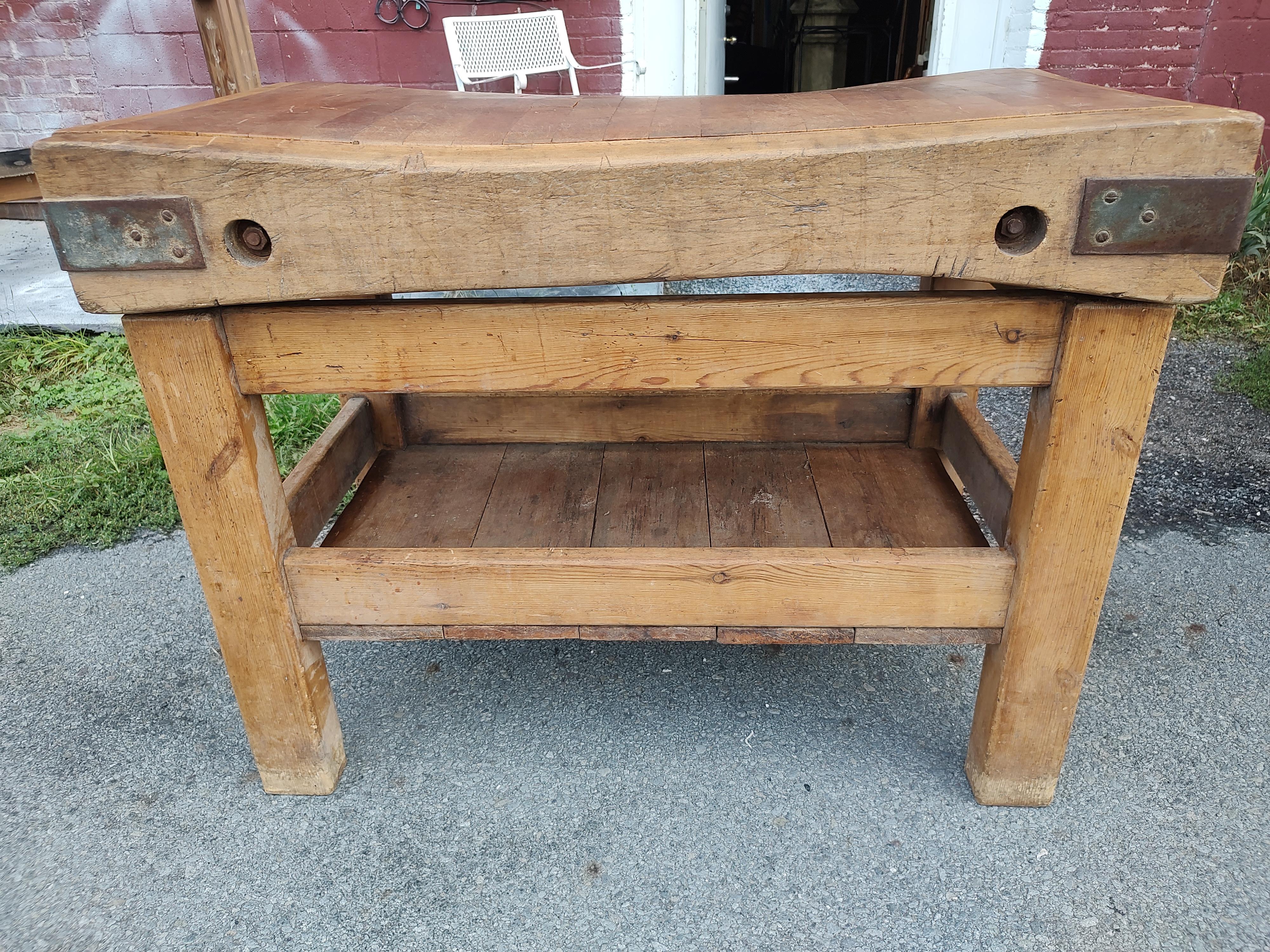 English 19th Century Industrial Butcher Block Table with Lower Shelf from England