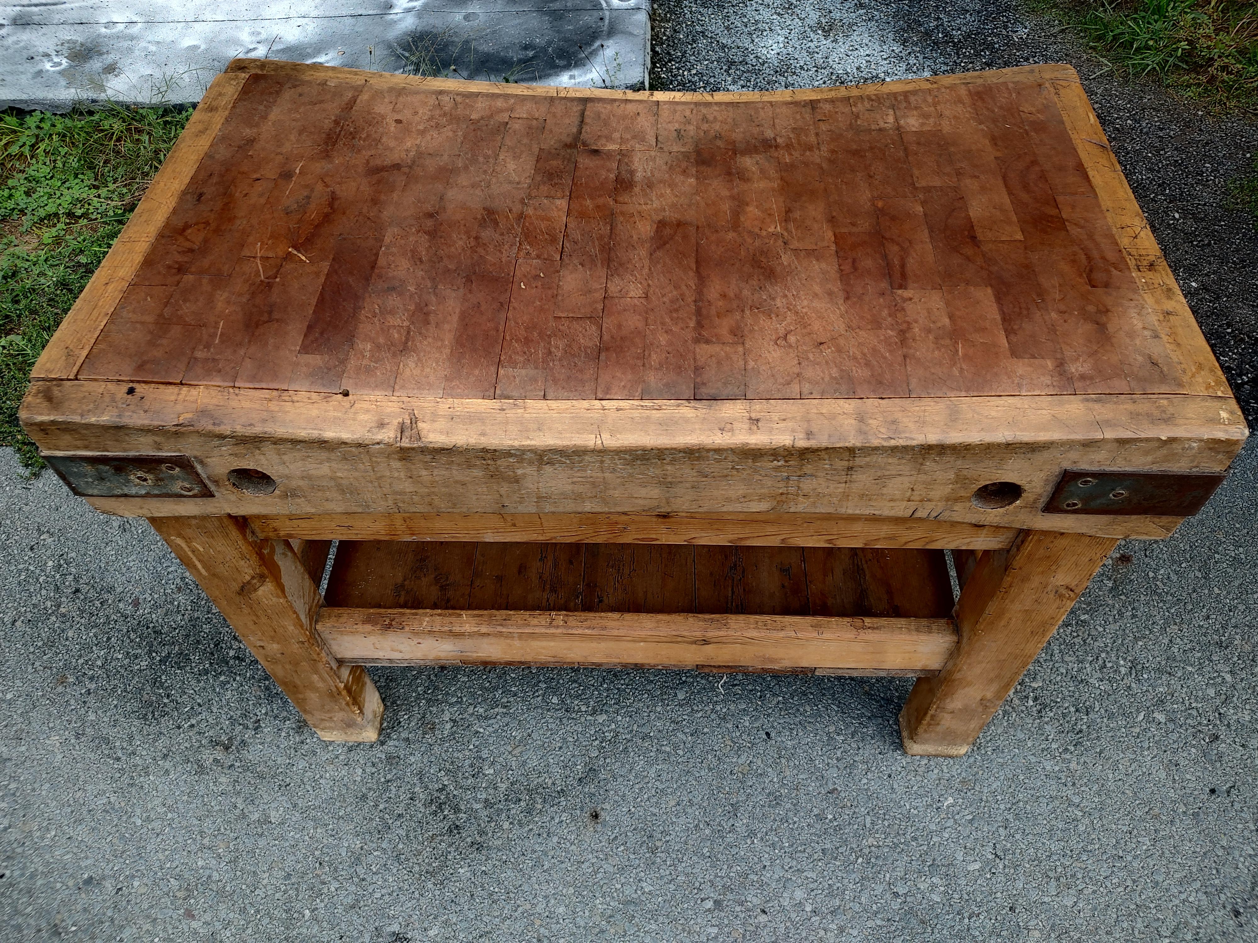 Hand-Crafted 19th Century Industrial Butcher Block Table with Lower Shelf from England