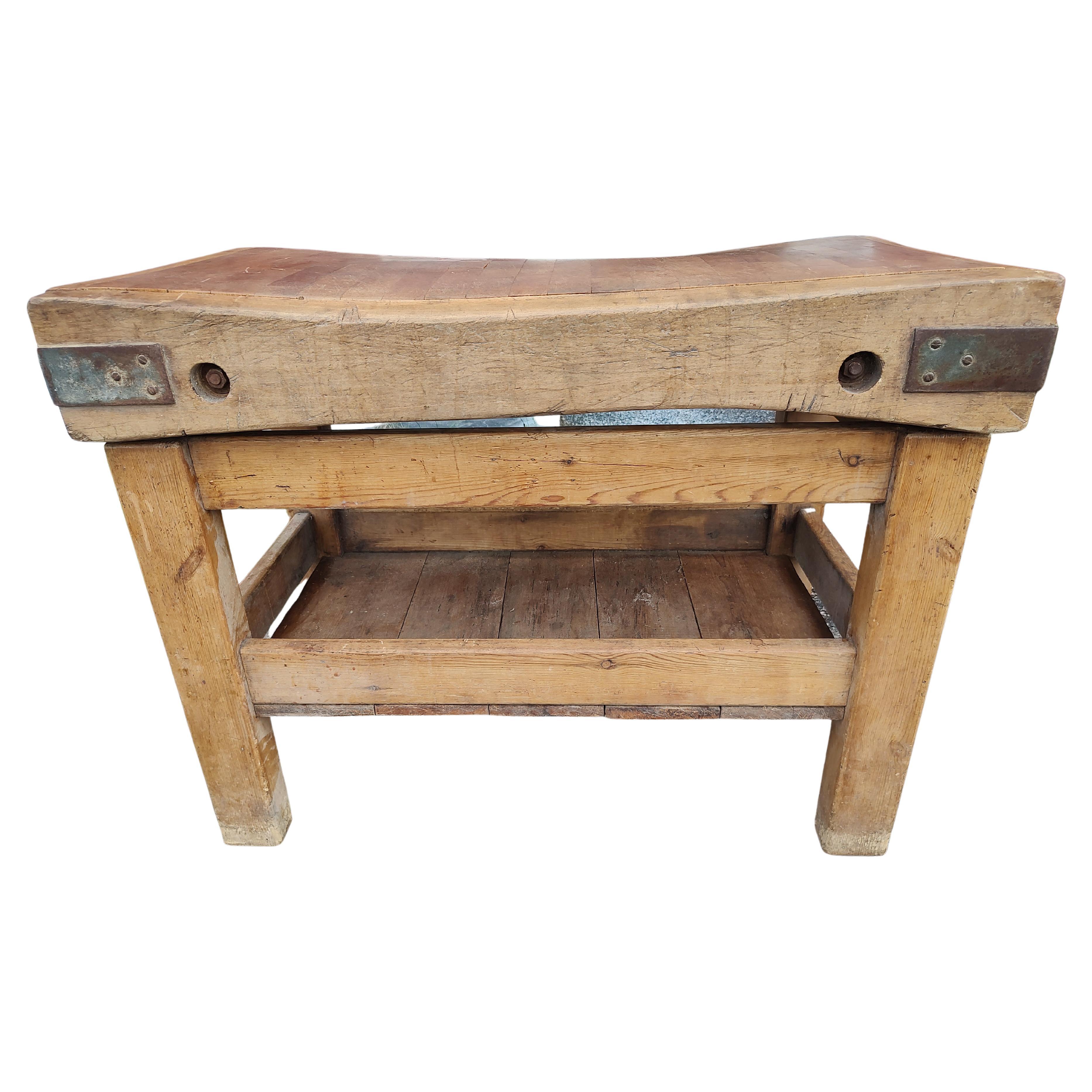 19th Century Industrial Butcher Block Table with Lower Shelf from England