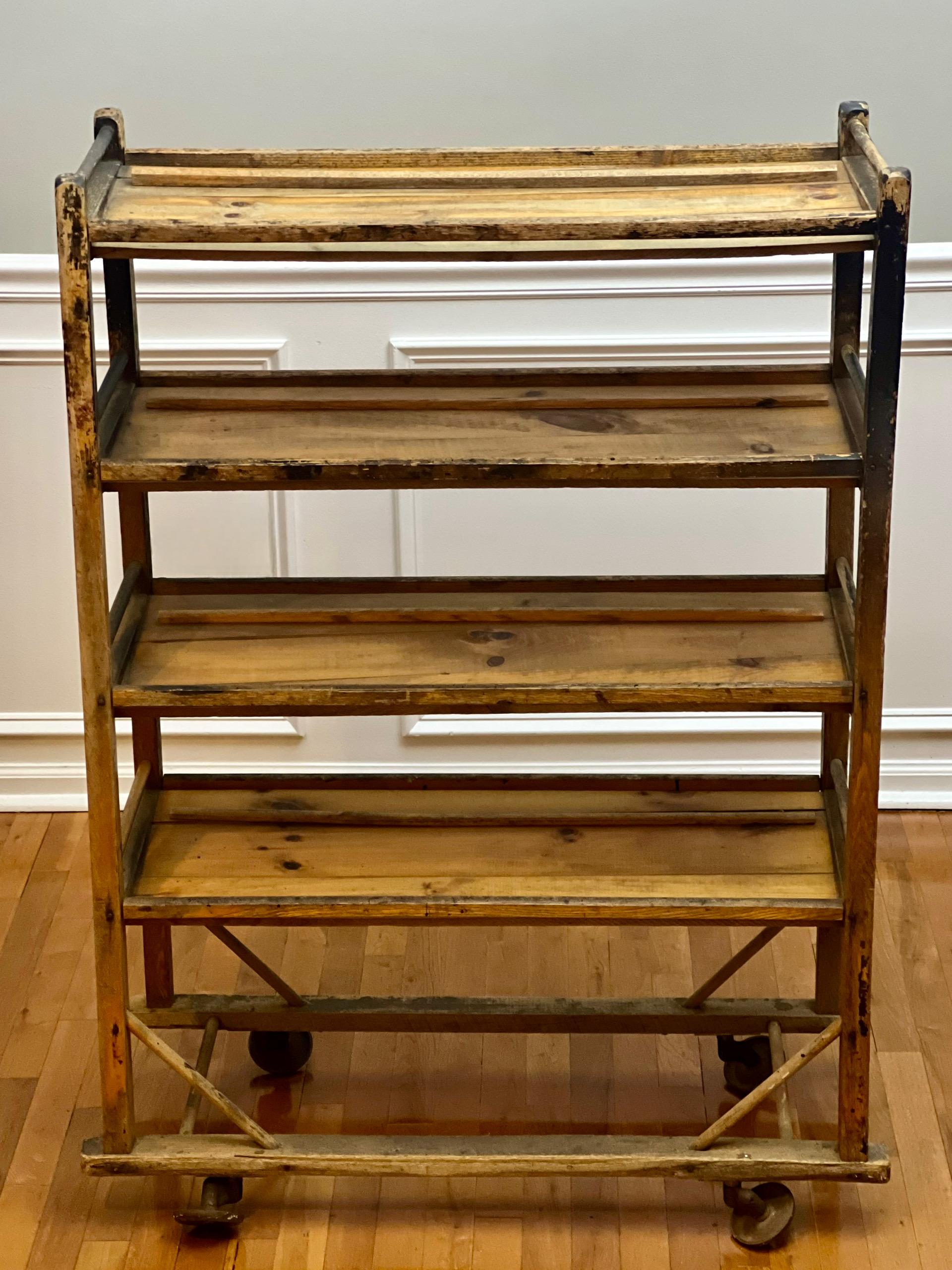 Industrial rolling shoe rack, c. late 19th century.

These shelf units are so versatile and great for almost anything. Originally used in a shoe factory to transport product from one step to another in the manufacturing process. It features four