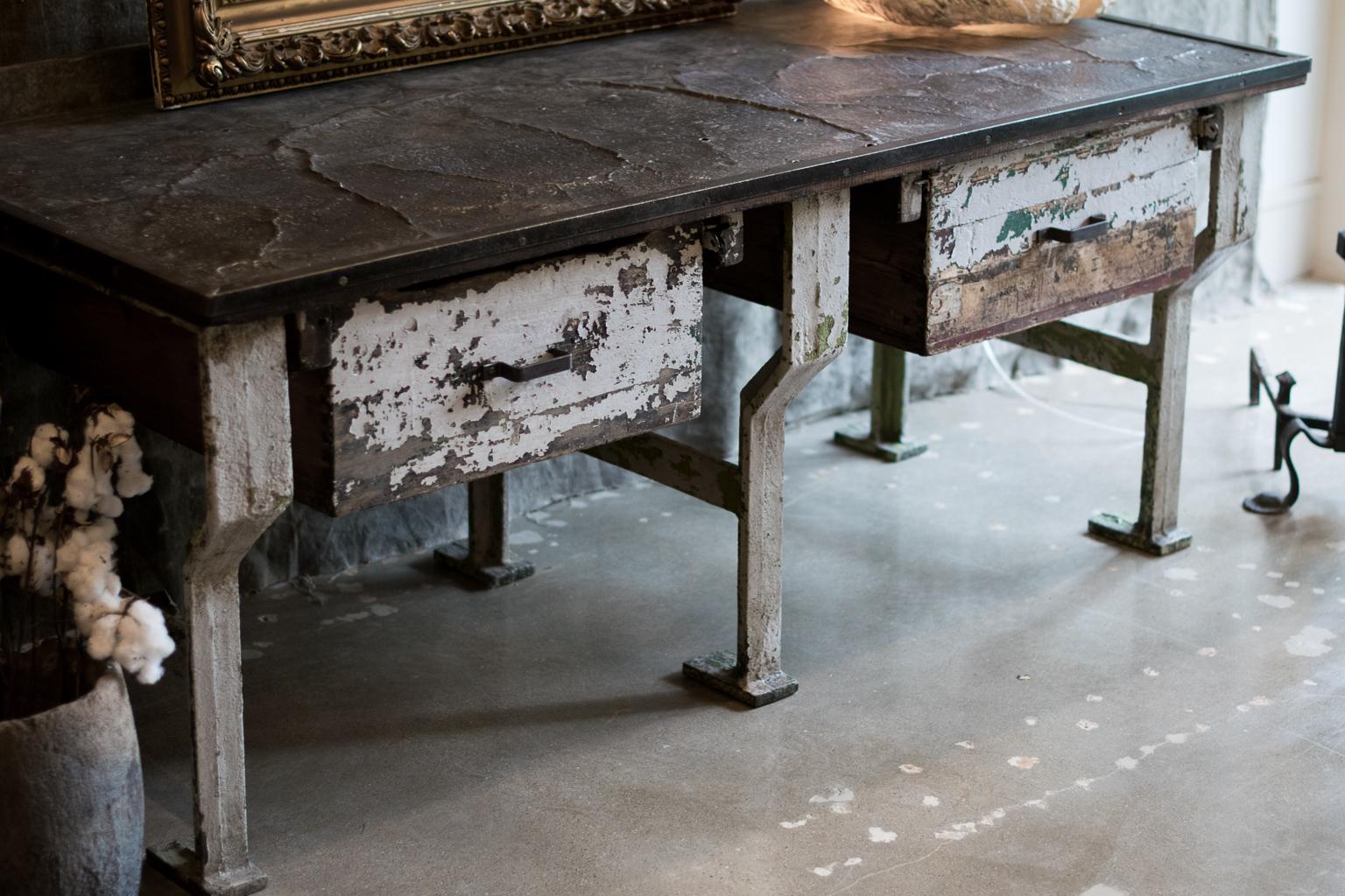 Belgian 19th Century Industrial Work Table with Steel Base