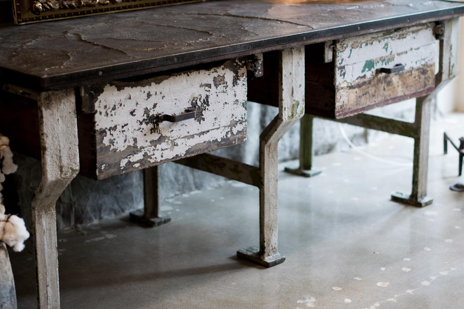 Painted 19th Century Industrial Work Table with Steel Base