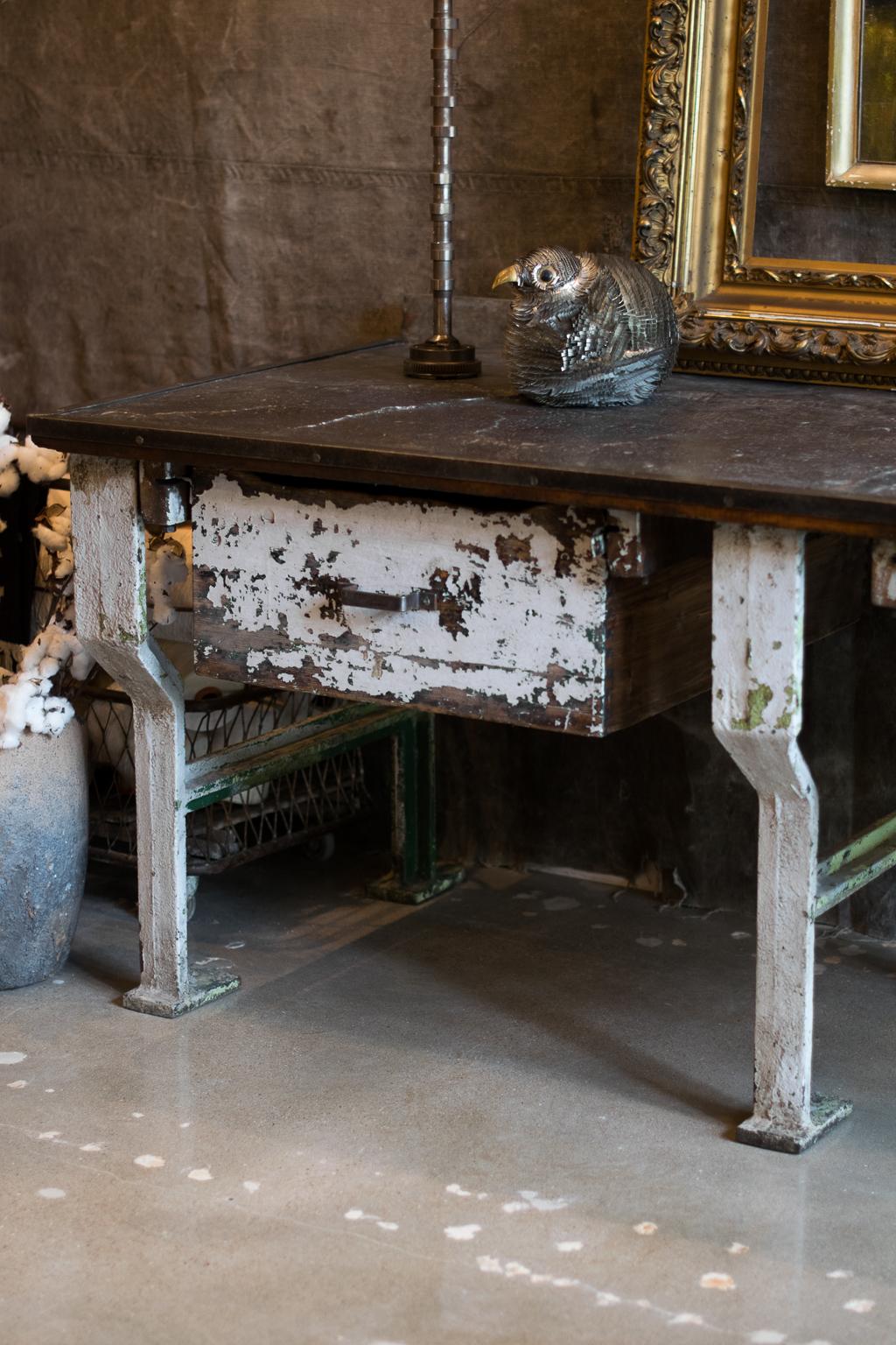 19th Century Industrial Work Table with Steel Base In Distressed Condition In Austin, TX