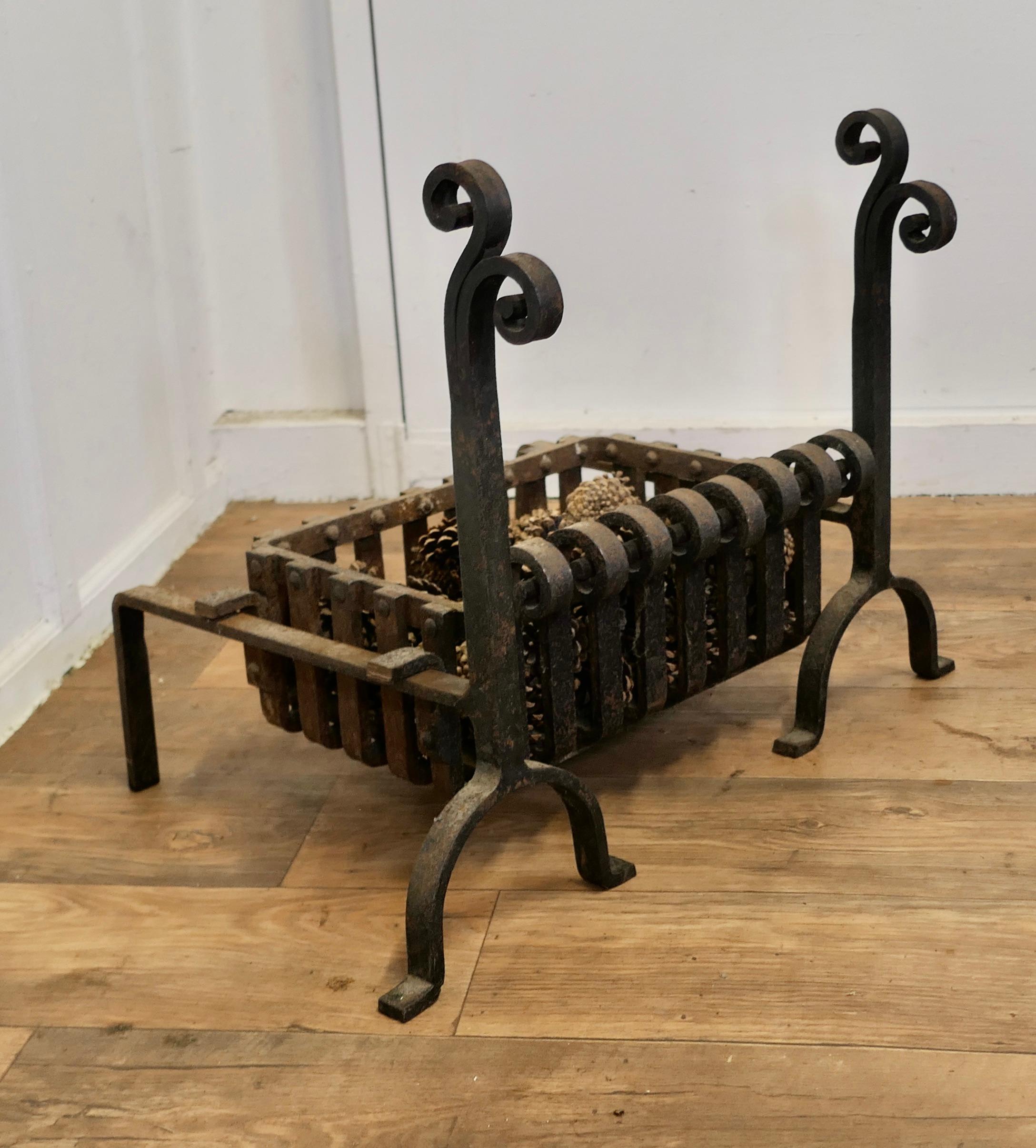 Victorian 19th Century Inglenook Fire Grate on Andirons  This is heavy hand Forged Iron   For Sale
