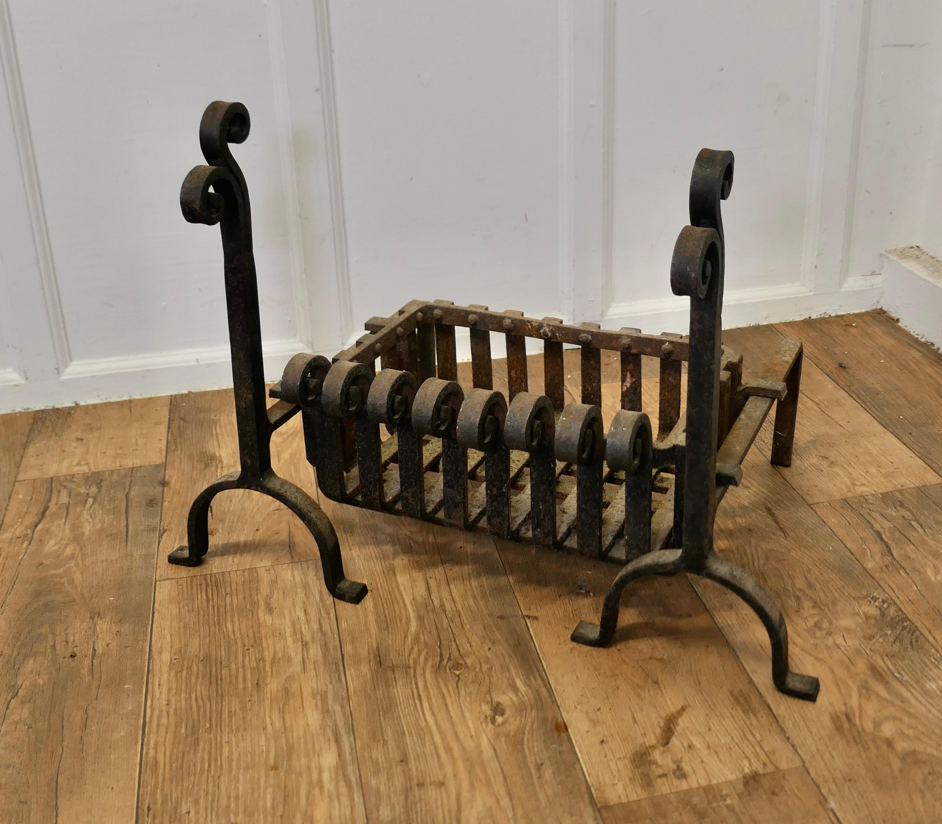19th Century Inglenook Fire Grate on Andirons  This is heavy hand Forged Iron   For Sale 2