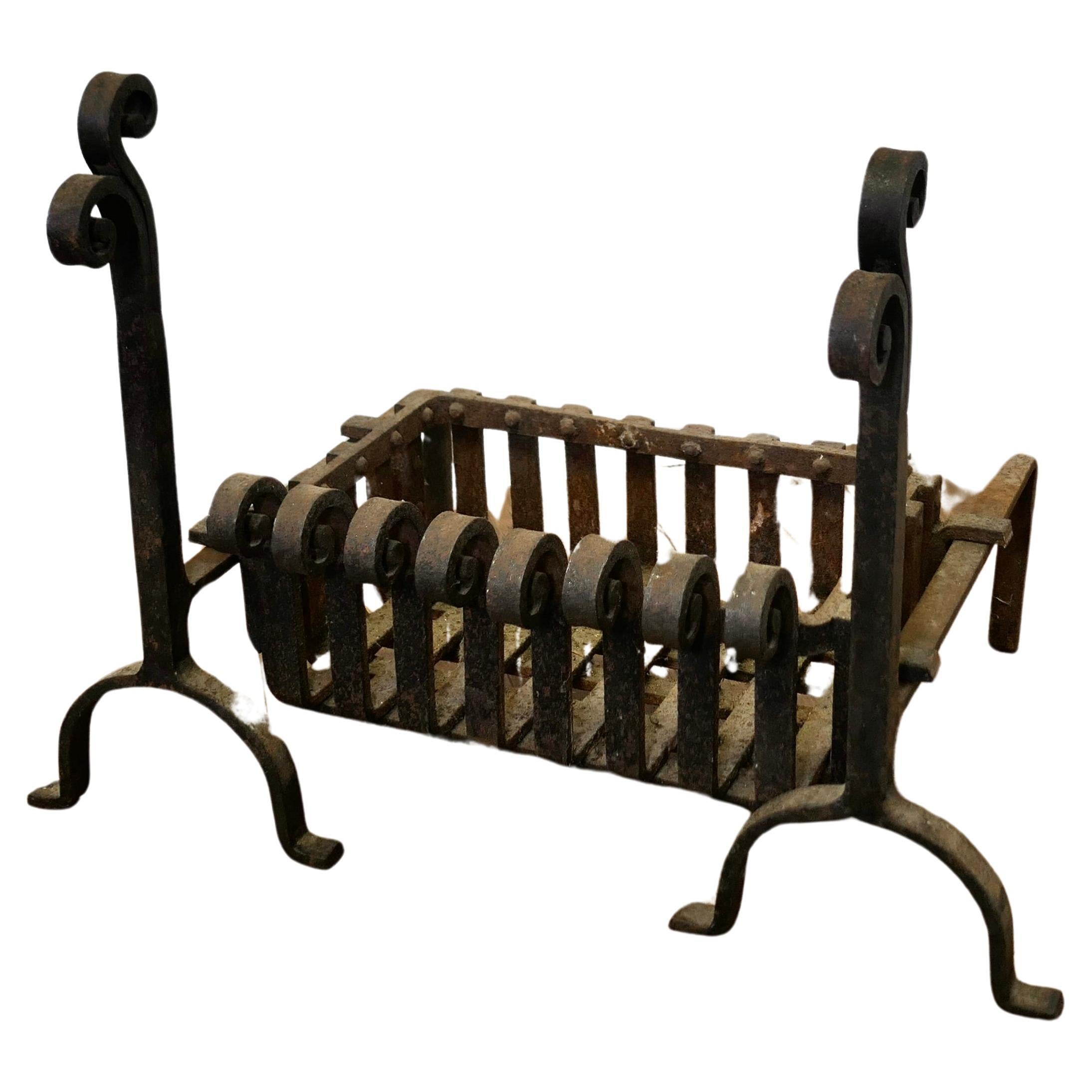 19th Century Inglenook Fire Grate on Andirons  This is heavy hand Forged Iron   For Sale
