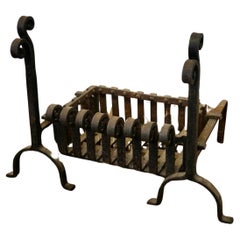 19th Century Inglenook Fire Grate on Andirons  This is heavy hand Forged Iron  