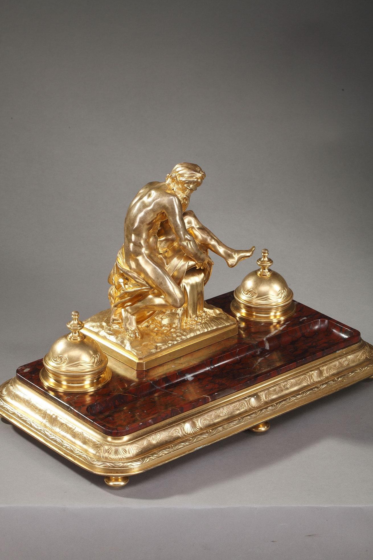 Gilt 19th Century Inkwell a River after Jean-Jacques Caffieri