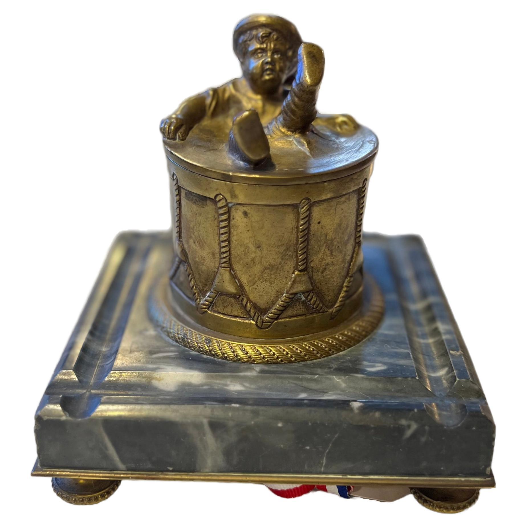 19th Century Inkwell "Child in Drum" For Sale