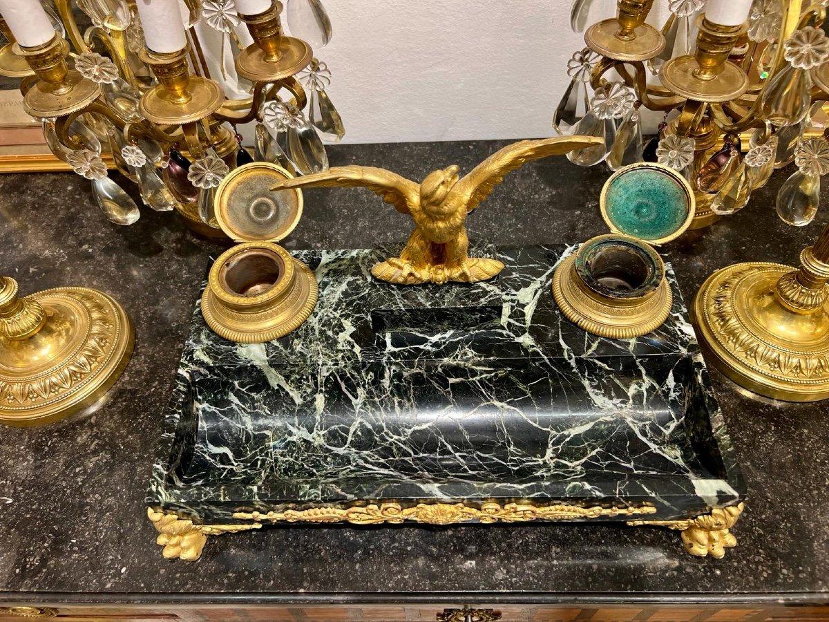 Empire 19th Century Inkwell with Imperial Eagle in Portoro Marble and Gilt Bronze  For Sale
