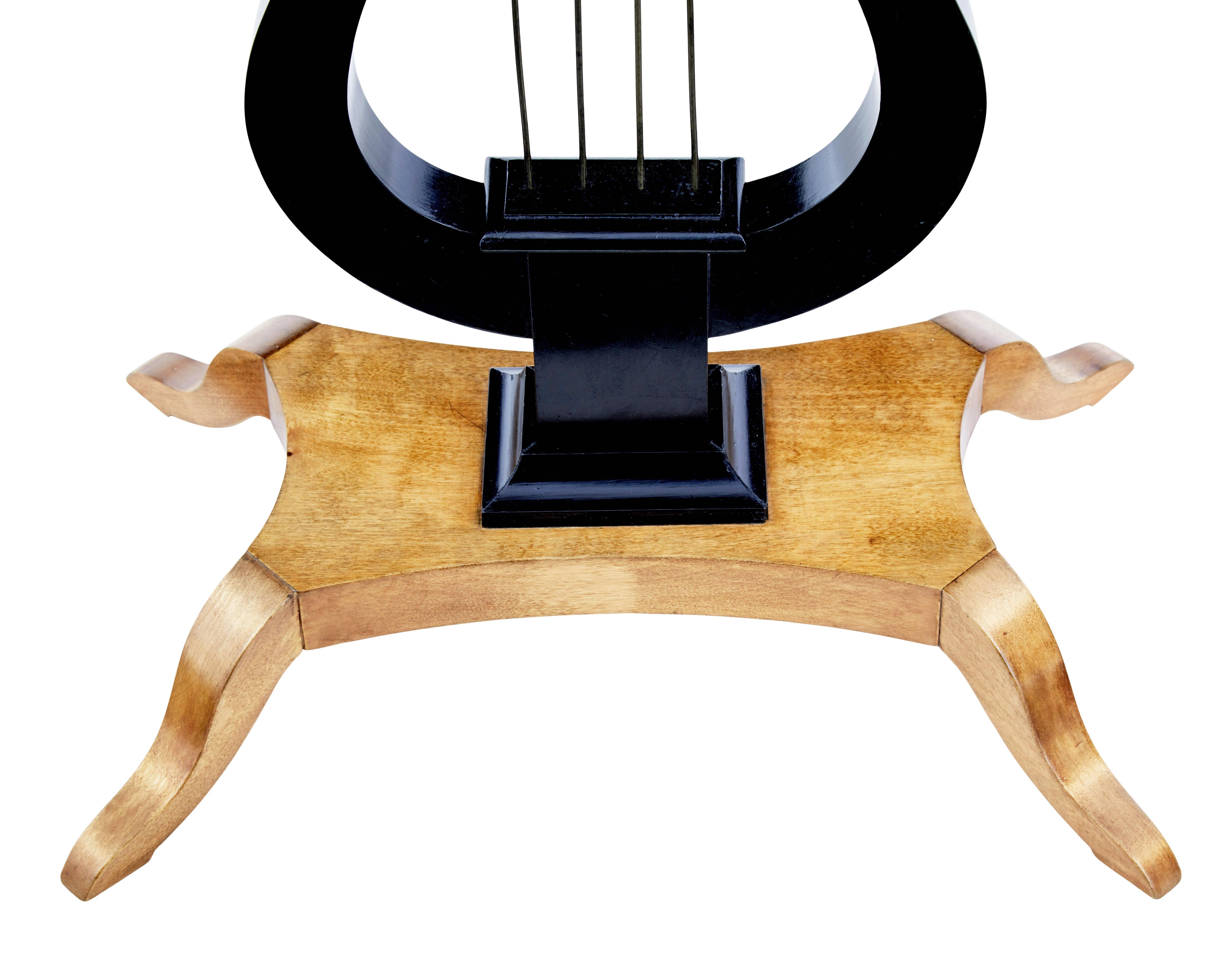 Ebonized 19th Century Inlaid Birch Lyre Form Occasional Table For Sale