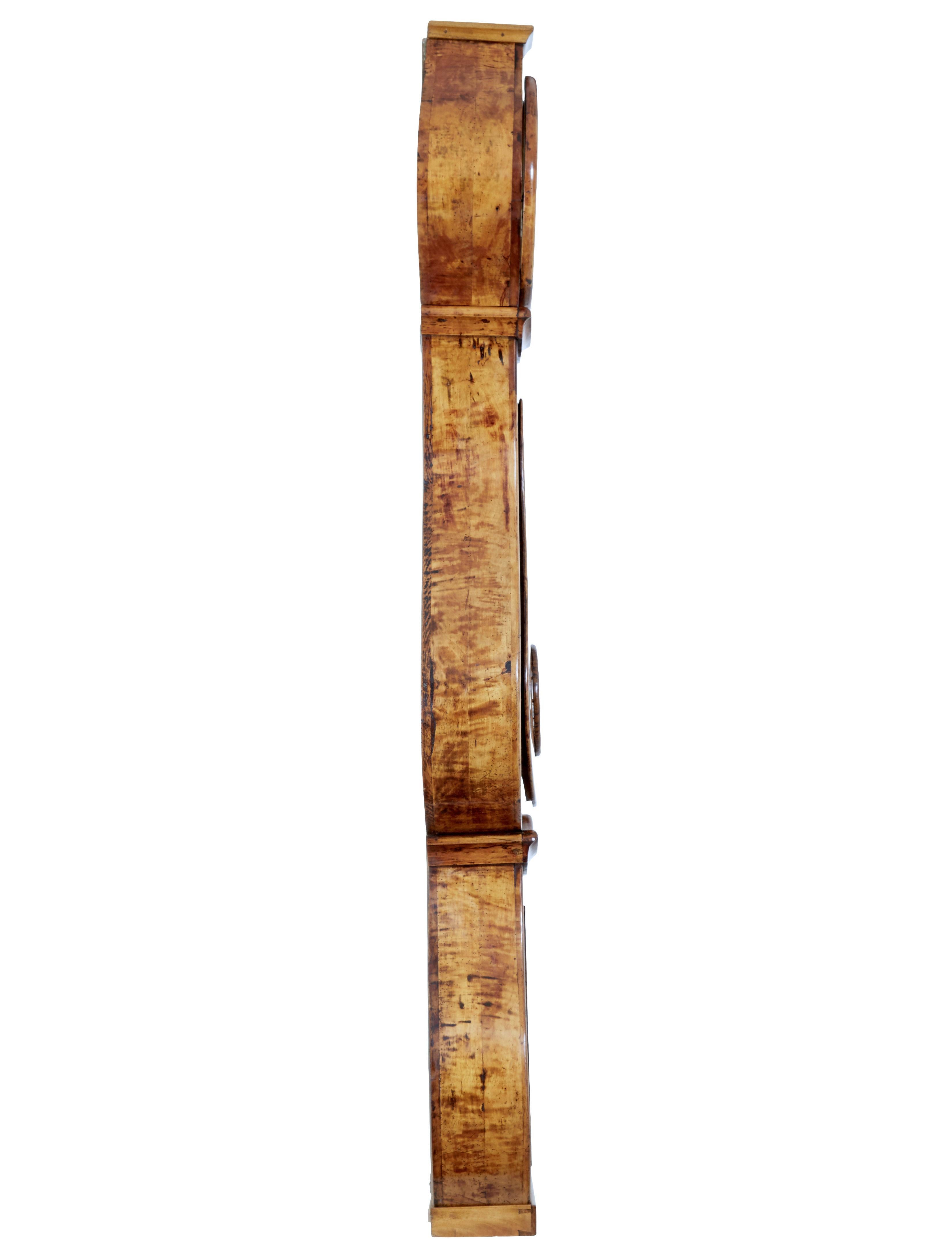 Hand-Carved 19th Century Inlaid Birch Mora Long Case Clock