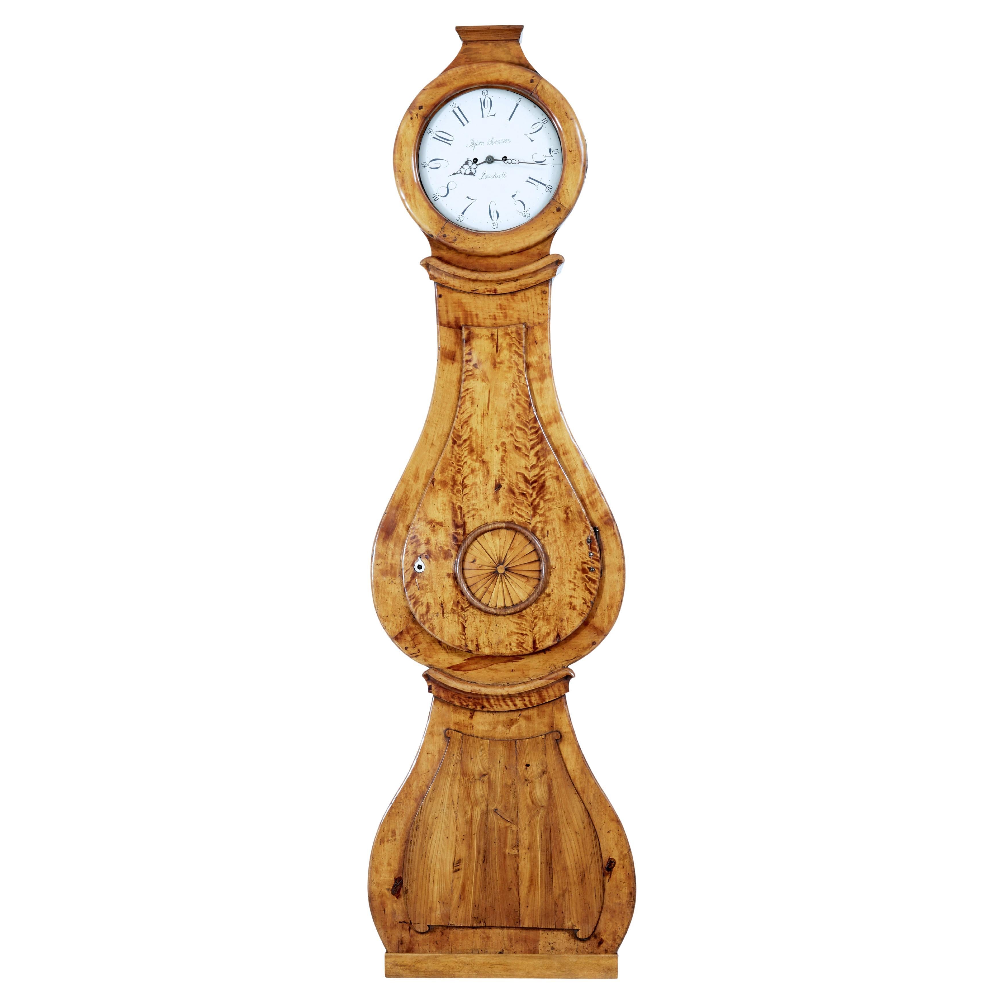 19th Century Inlaid Birch Mora Long Case Clock
