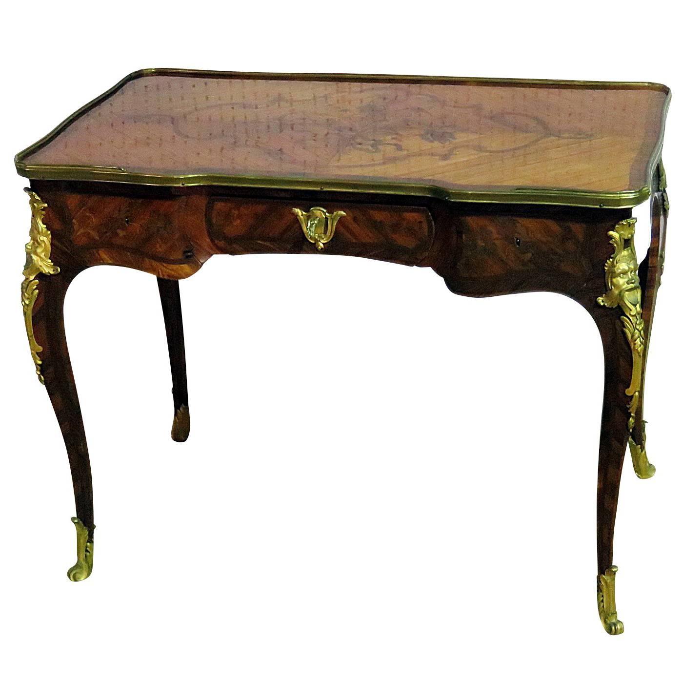 1870s Era French Inlaid Kingwood Louis XV Bureau Plat Writing Table Desk
