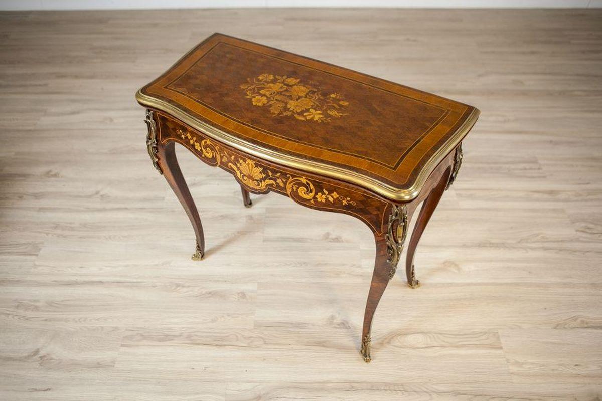 19th Century 19th-Century Inlaid Card Table Lined With Green Fabric For Sale