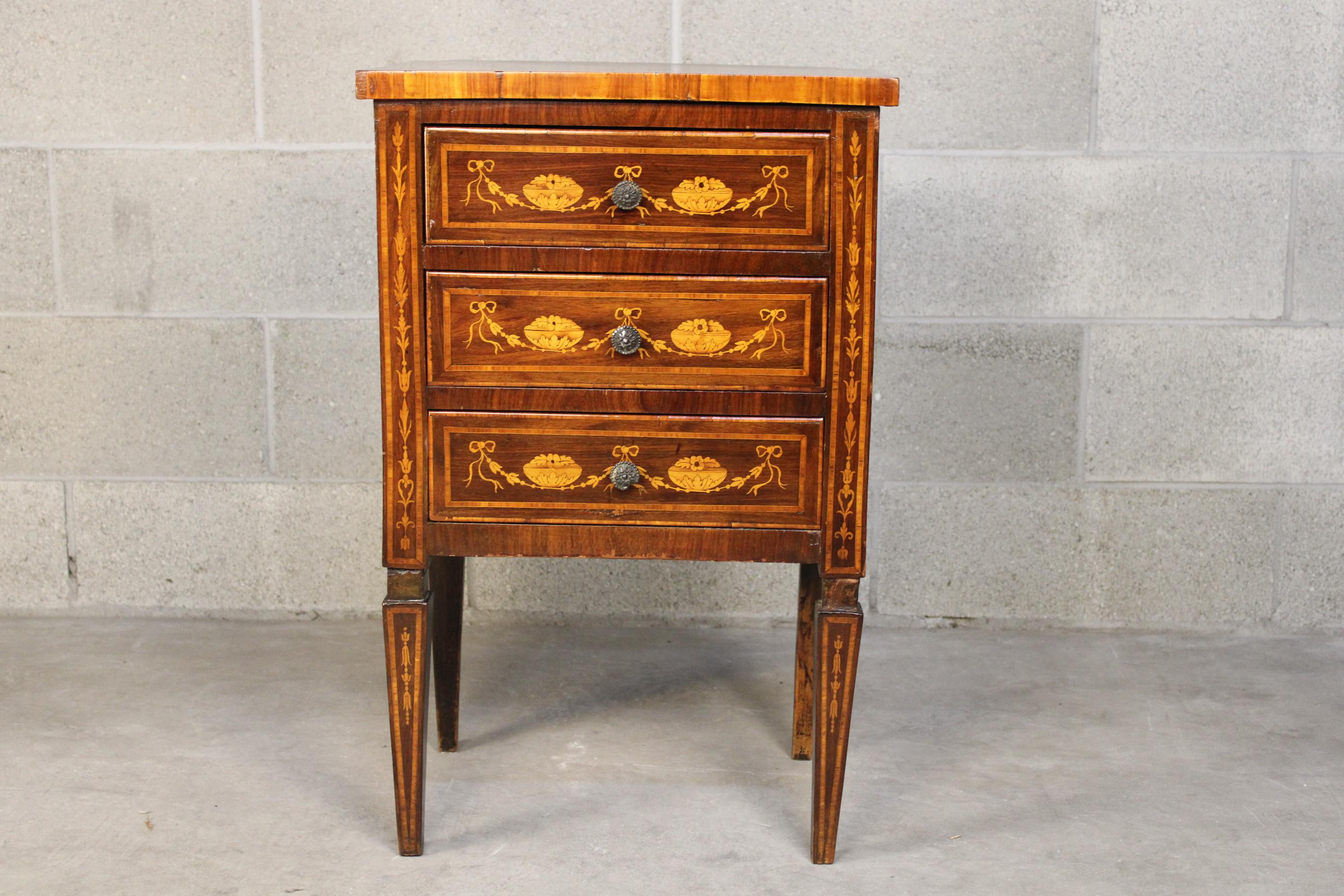Very elegant and particular 19th century commode in style of Louis XVI about 1880 France. Has been restored. In very good condition. Very rich of inlaid work surrounded all around the item.  container shipping is possible
Measures: width 35 cm