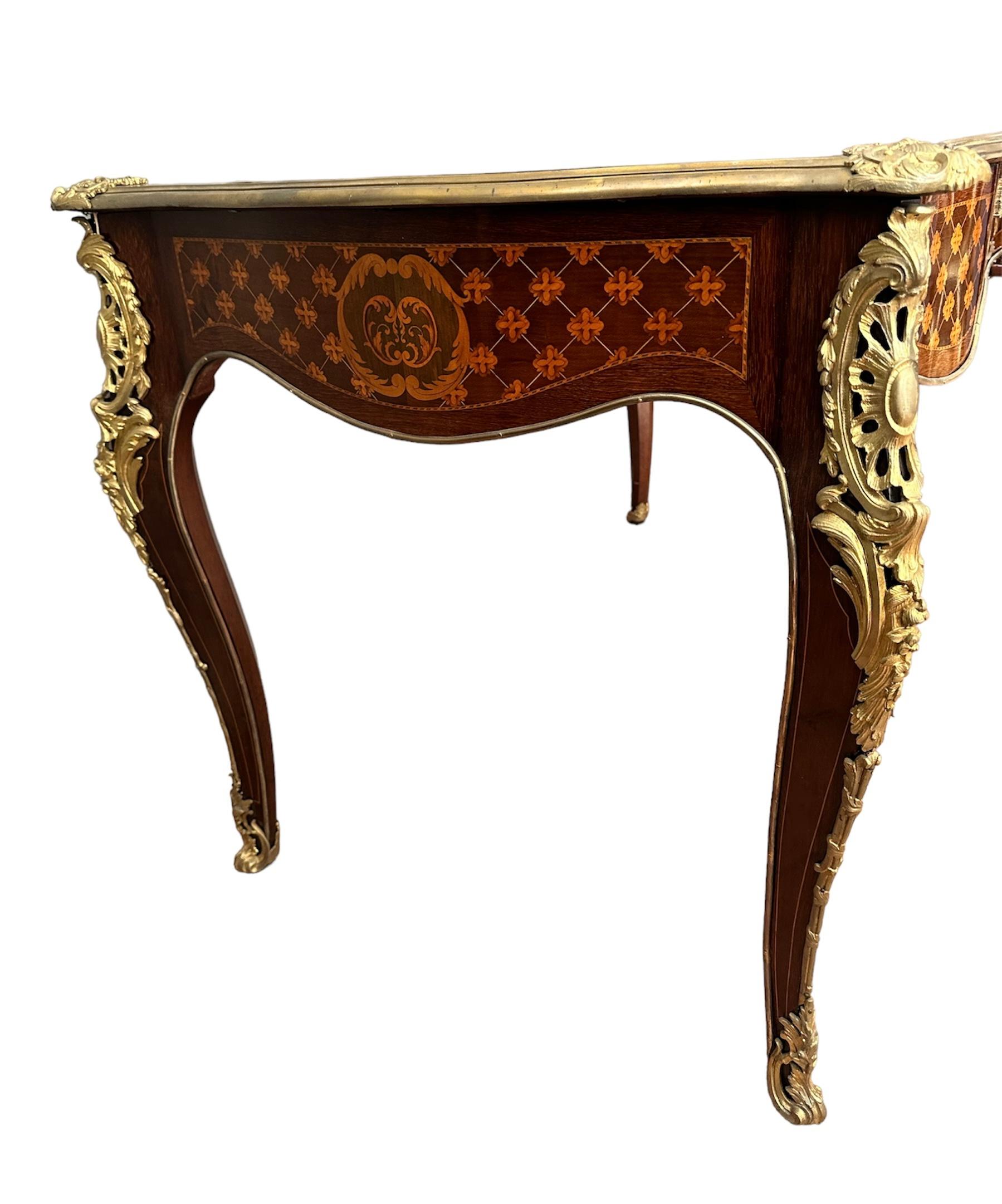 Louis XV 19th Century Inlaid Desk Mounted with Gilded Bronzes, by Paul Sormani