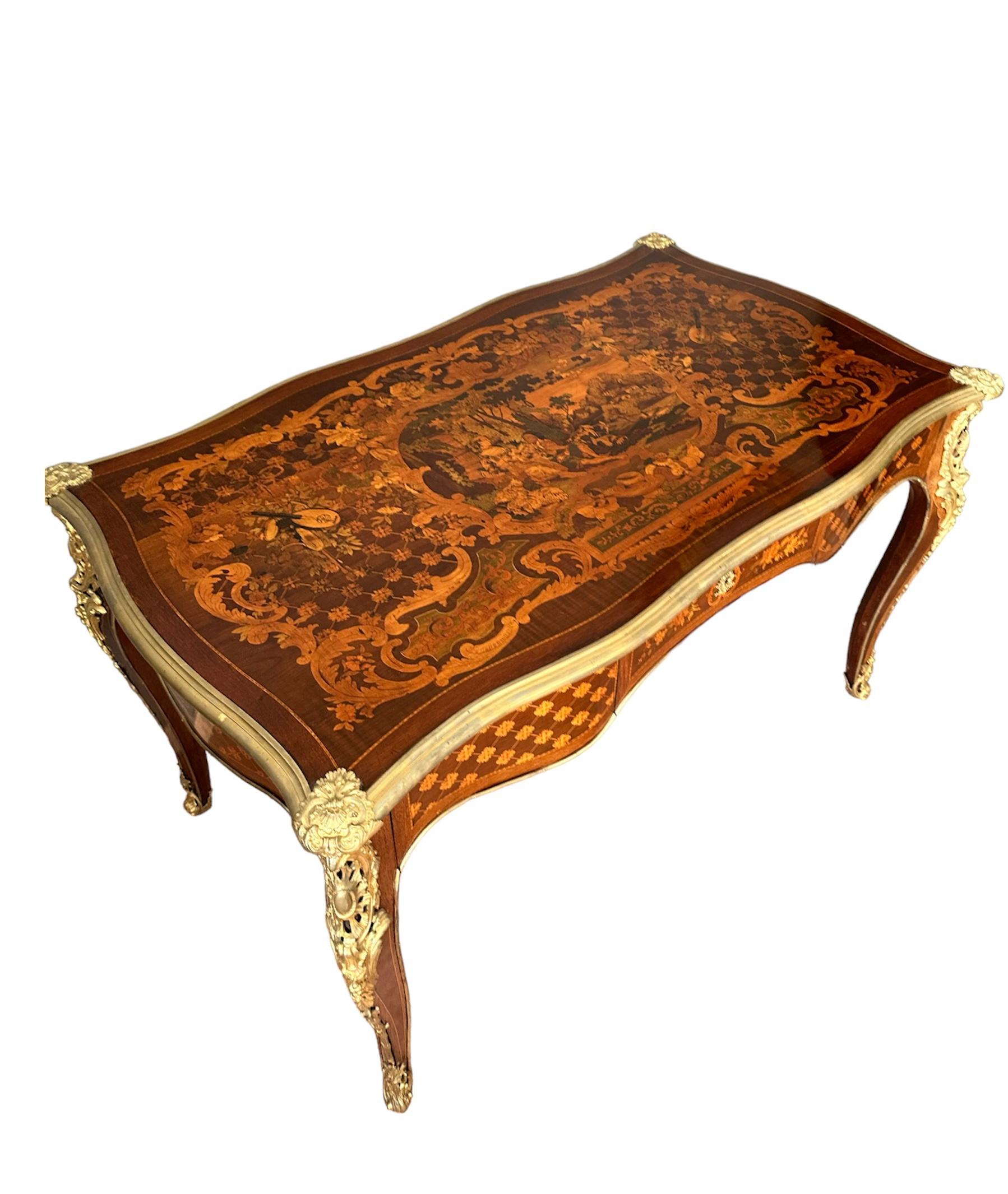 French 19th Century Inlaid Desk Mounted with Gilded Bronzes, by Paul Sormani