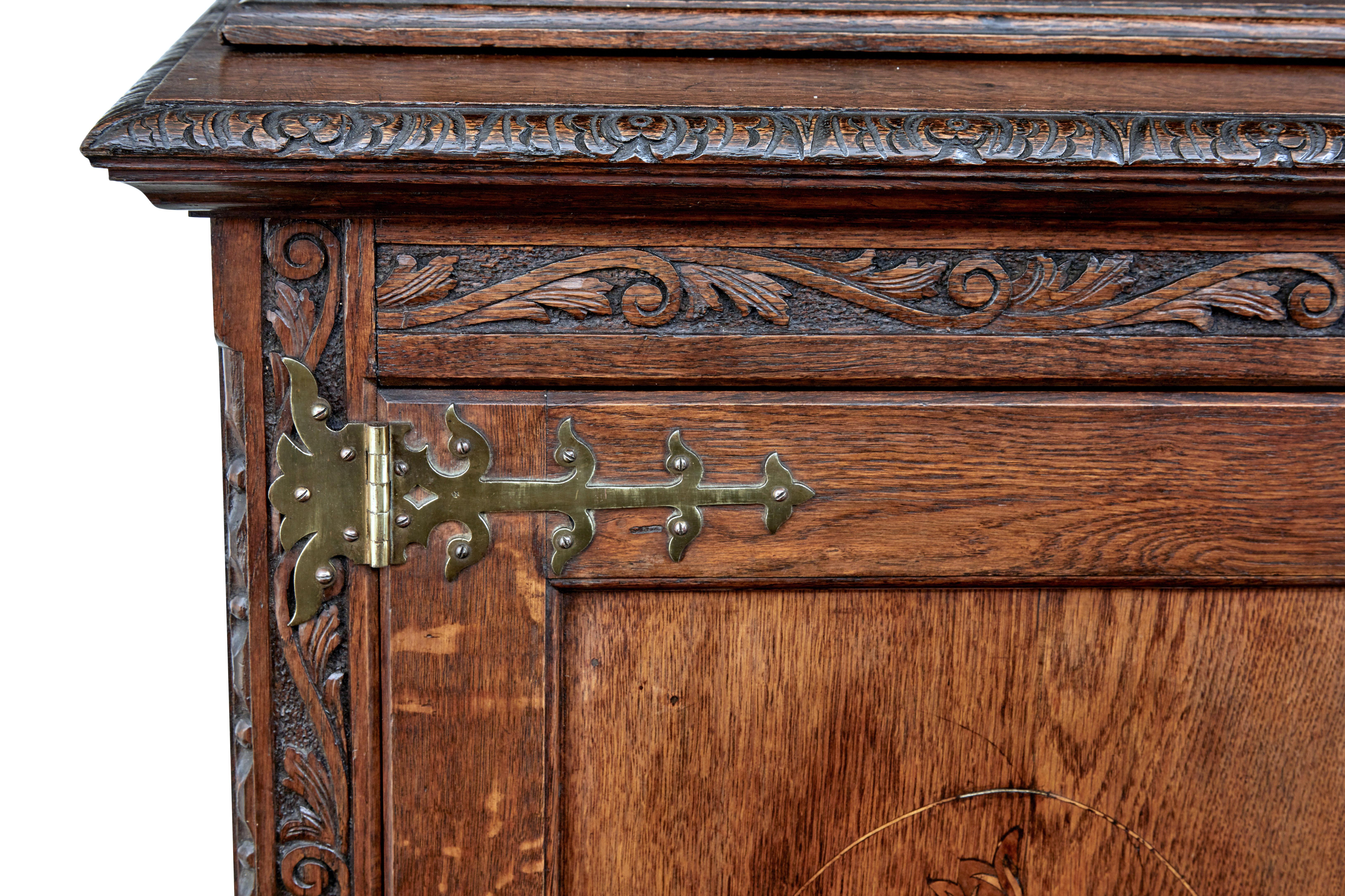 19th Century Inlaid Oak Architectural Cabinet Bookcase 1