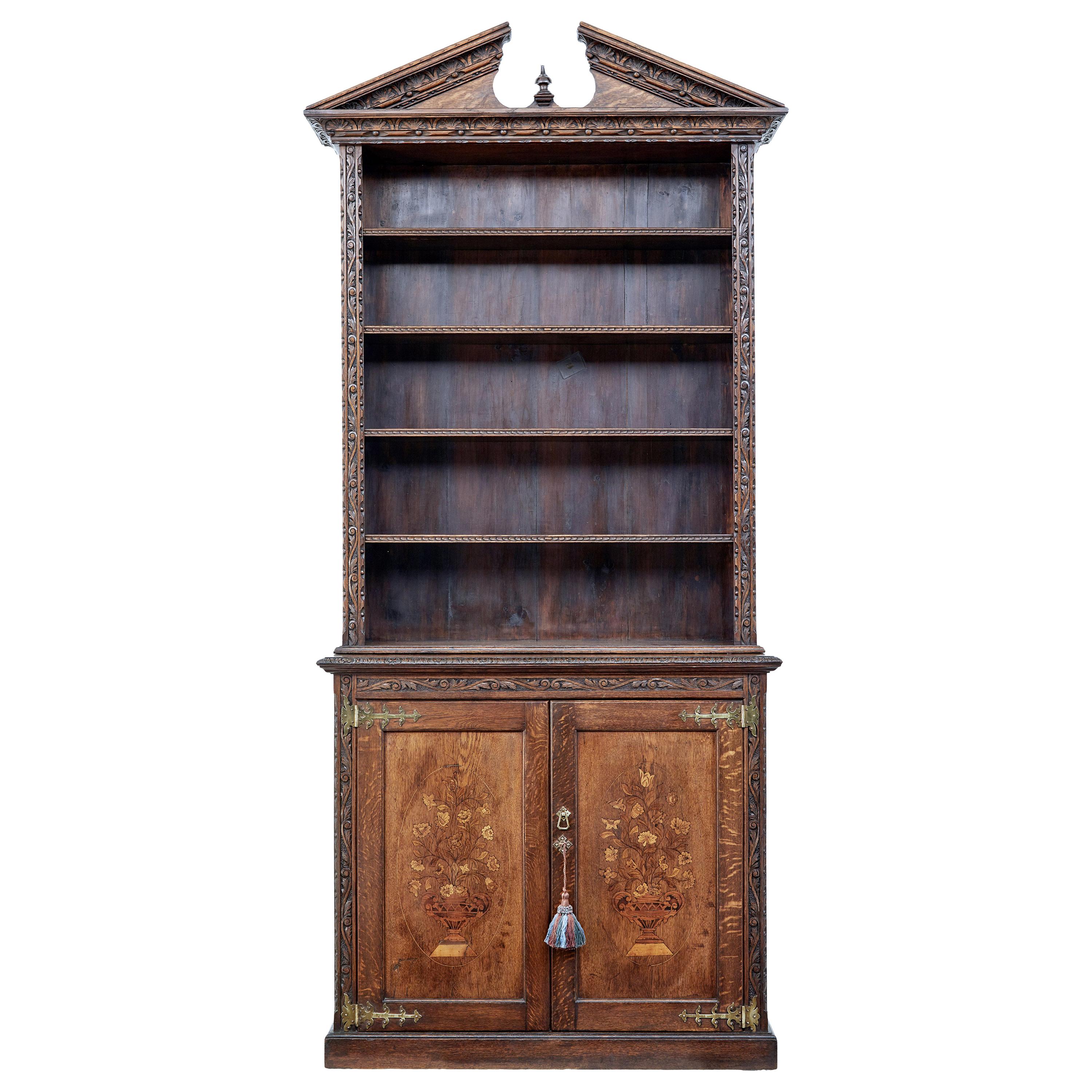 19th Century Inlaid Oak Architectural Cabinet Bookcase