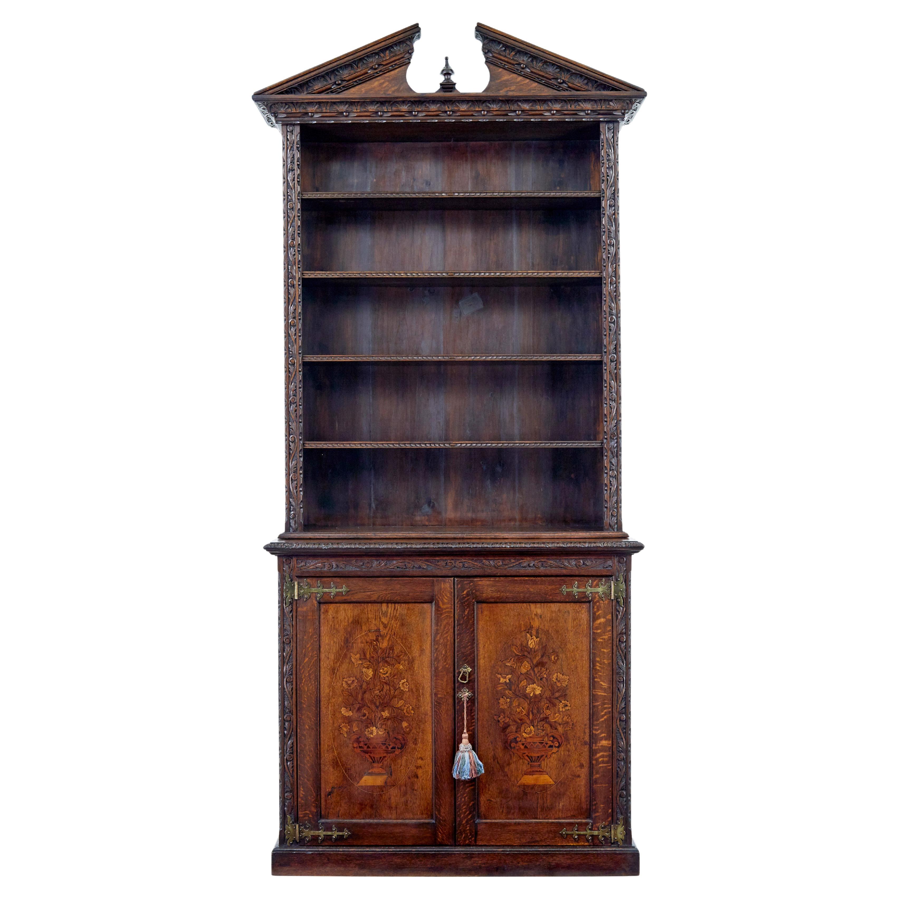 19th Century inlaid oak architectural cabinet bookcase For Sale