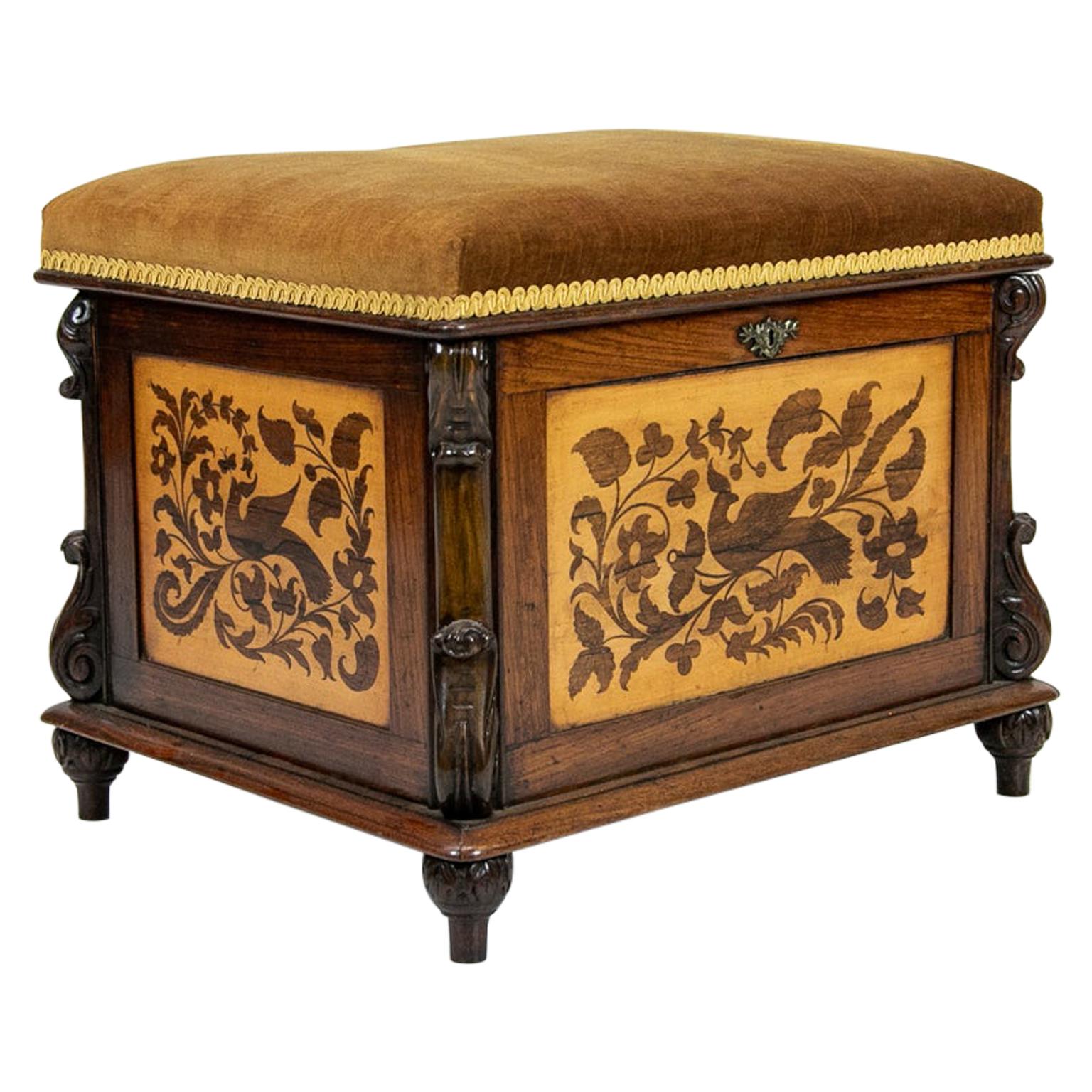 19th Century Inlaid Rosewood Lift Top Stool For Sale