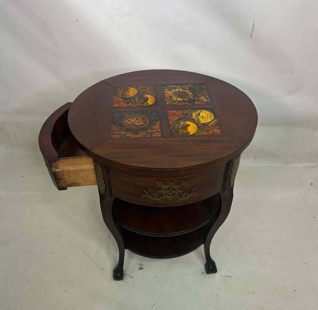 Mid-19th Century 19th Century Inlaid Tile Brass Adorned Tiered Round Eagle Footed Stand For Sale