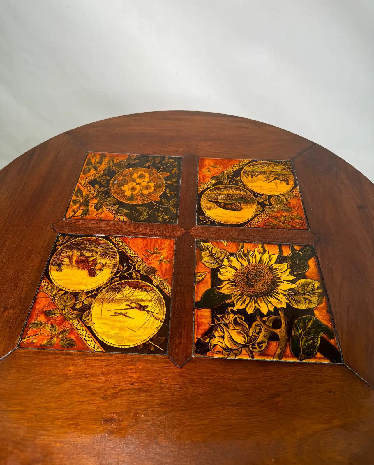 Cherry 19th Century Inlaid Tile Brass Adorned Tiered Round Eagle Footed Stand For Sale