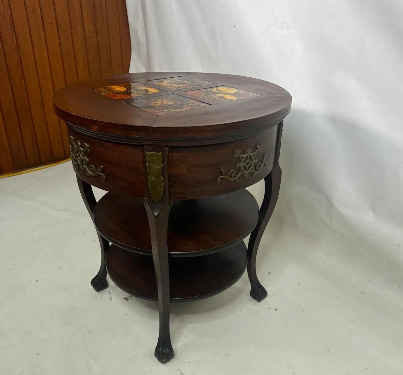 19th Century Inlaid Tile Brass Adorned Tiered Round Eagle Footed Stand For Sale 1
