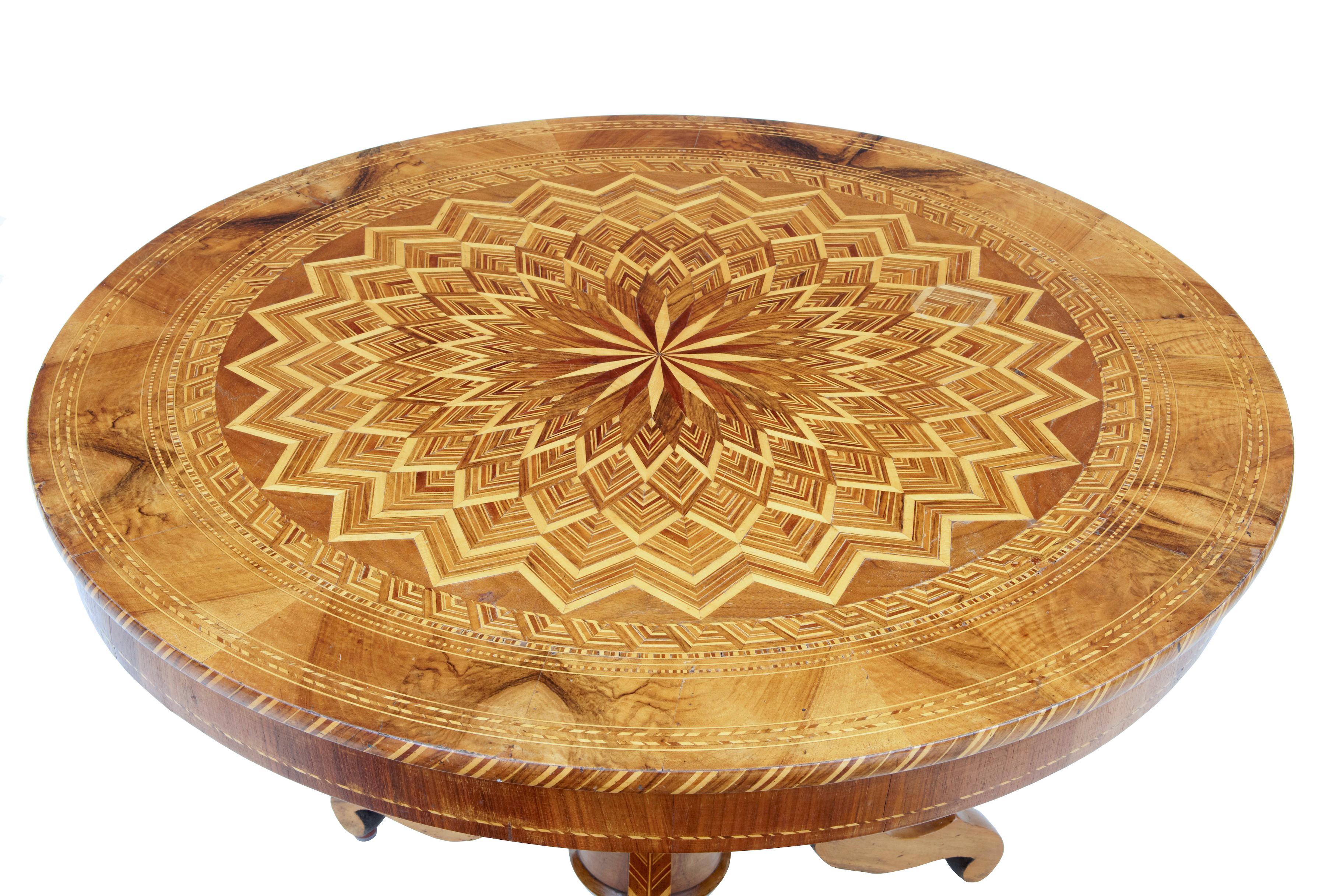 19th century inlaid walnut Sorrento center table, circa 1880.

Fine example of inlay and geometric parquetry. Top stands on a tripod base which continues the theme of inlay with exotic woods such as olive wood.

One area of repair to the outer
