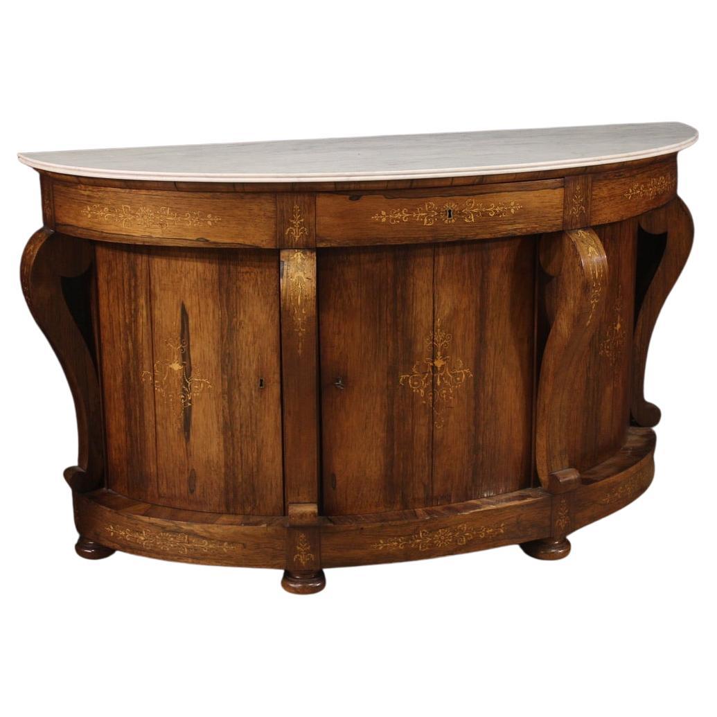 19th Century Inlaid Walnut Rosewood Maple French Half Moon Sideboard, 1830s For Sale