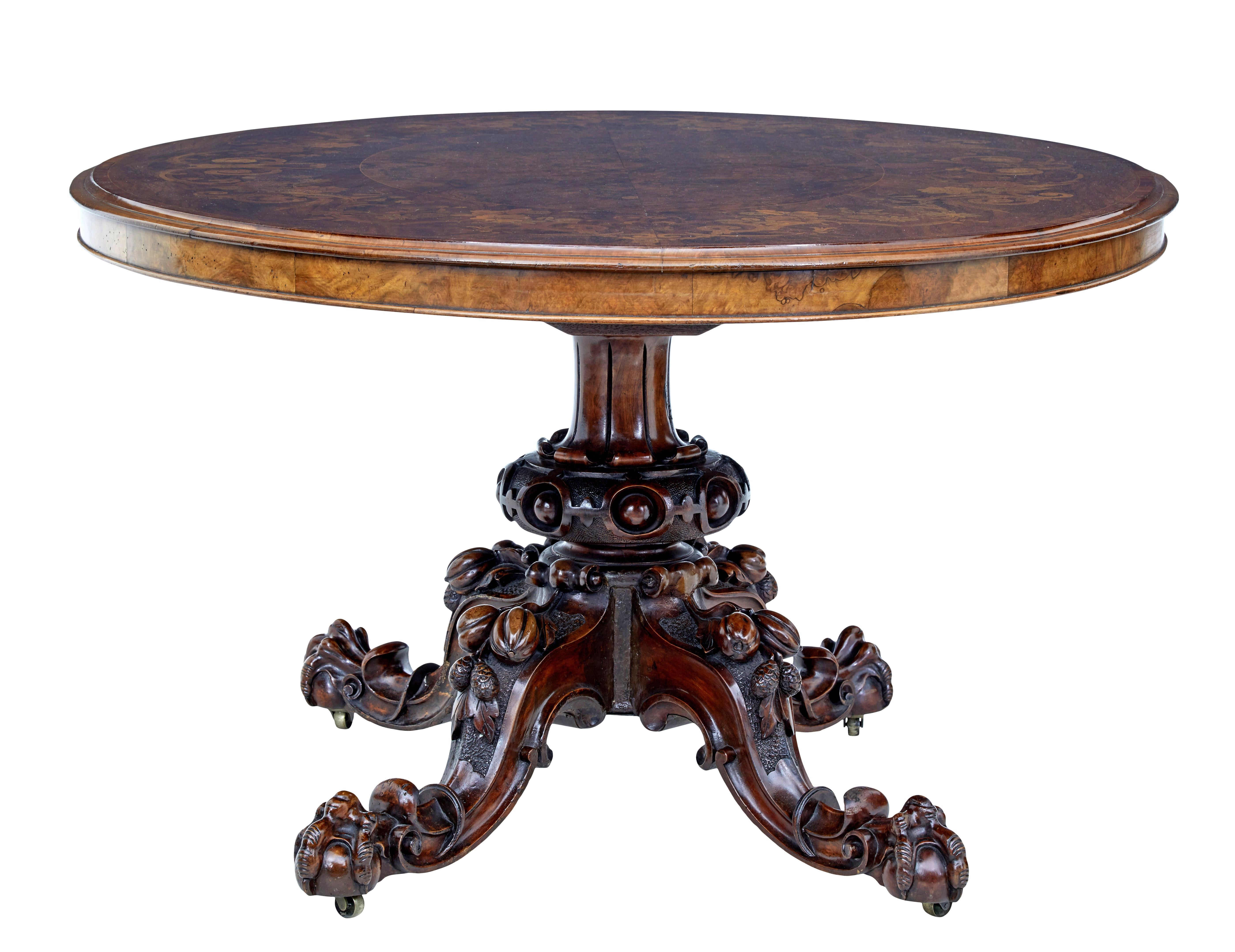19th century inlaid walnut tilt top table circa 1860

Fine quality oval tilt top occasional table, often known as a loo table due to a popular card game starting in the 18th century.  This table is of slightly more grander scale.

Burr walnut