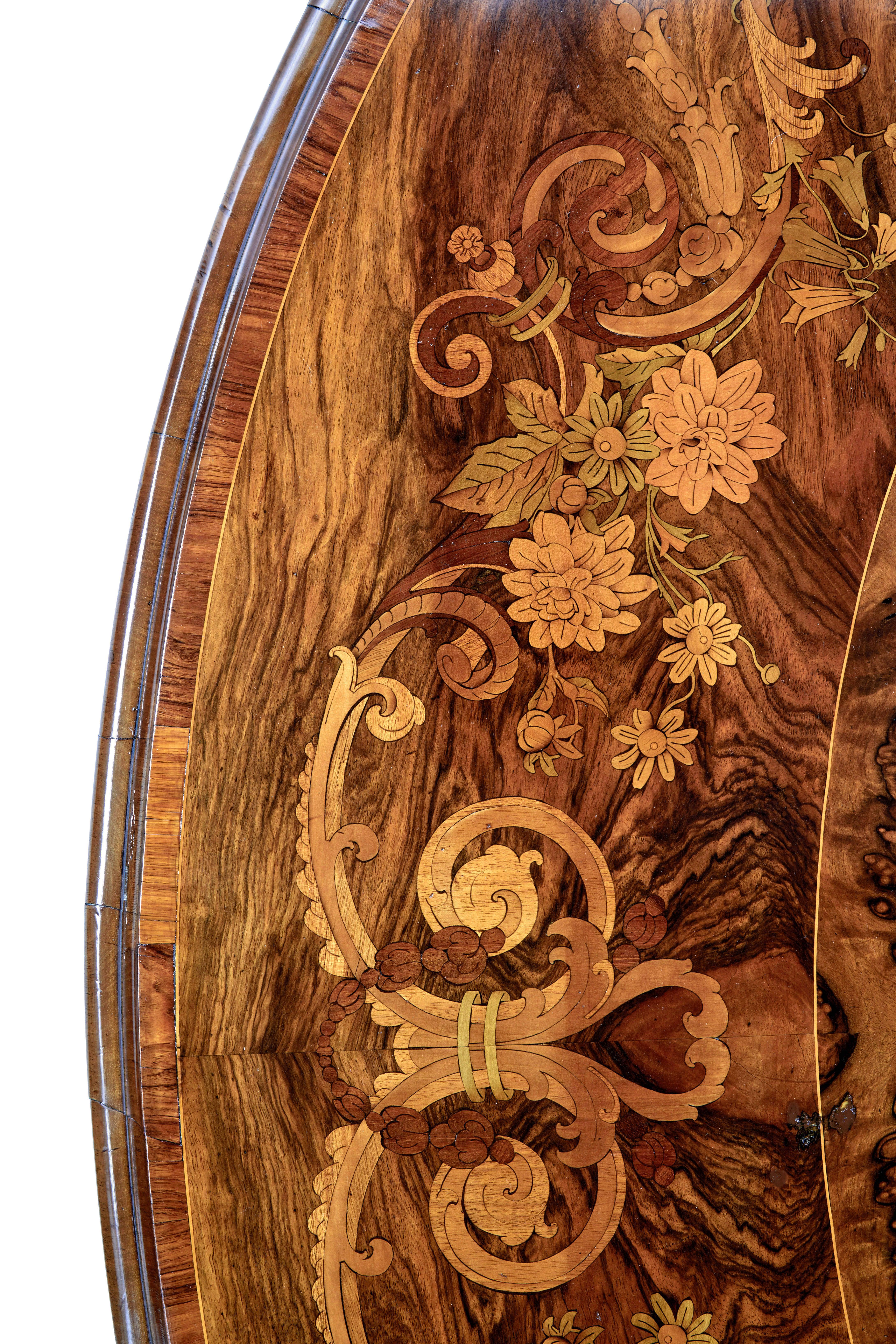 Carved 19th century inlaid walnut tilt top table For Sale
