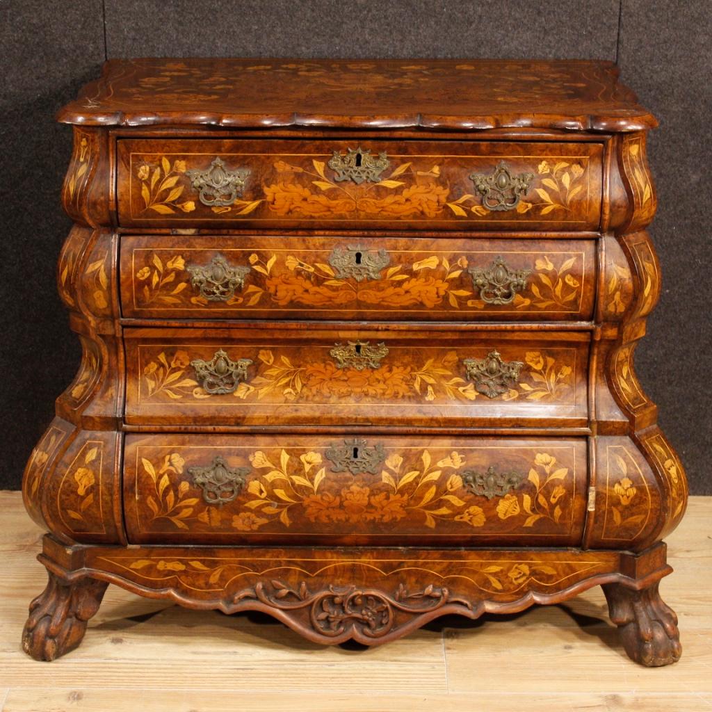 Antique 19th century Dutch dresser. Furniture richly inlaid in walnut, burl walnut, mahogany, maple, beech and fruitwood. Commode with four drawers of good capacity and service, wooden top in character also inlaid, of good measure. Furniture missing