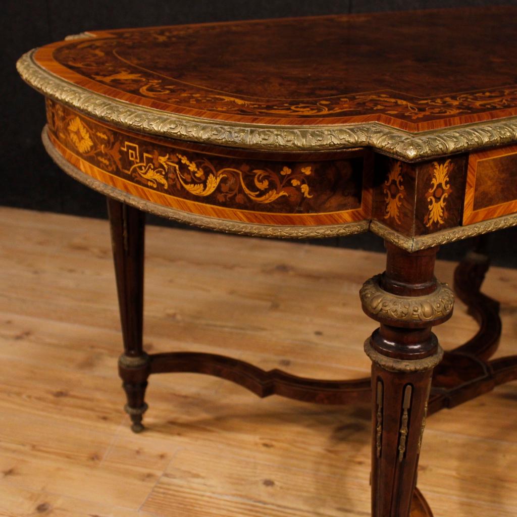 Brass 19th Century Inlaid Wood and Gilt Bronze French Writing Table, 1880