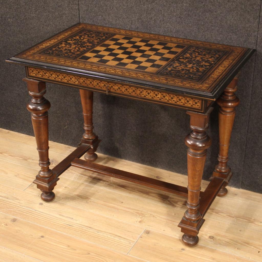 19th Century Inlaid Wood French Antique Game Table, 1880 In Fair Condition In Vicoforte, Piedmont