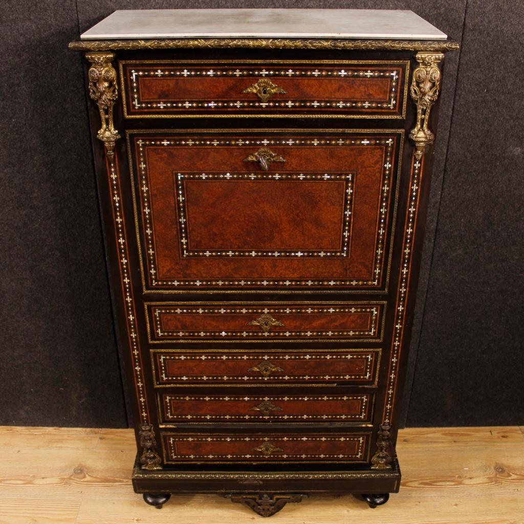 French secrétaire from the late 19th century. High quality furniture richly inlaid in woods of rosewood, burl, mahogany, ebonized wood and mother-of-pearl. Secrétaire nicely decorated with gilded and chiselled bronze and brass. Top in marble with